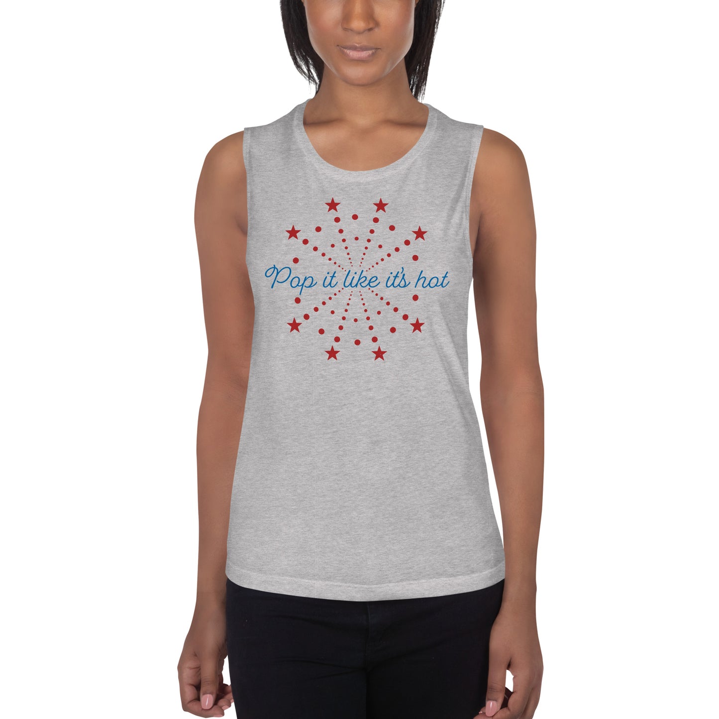 Gray patriotic muscle tank on model — women’s 4th of July top with fun firework design and nostalgic slogan