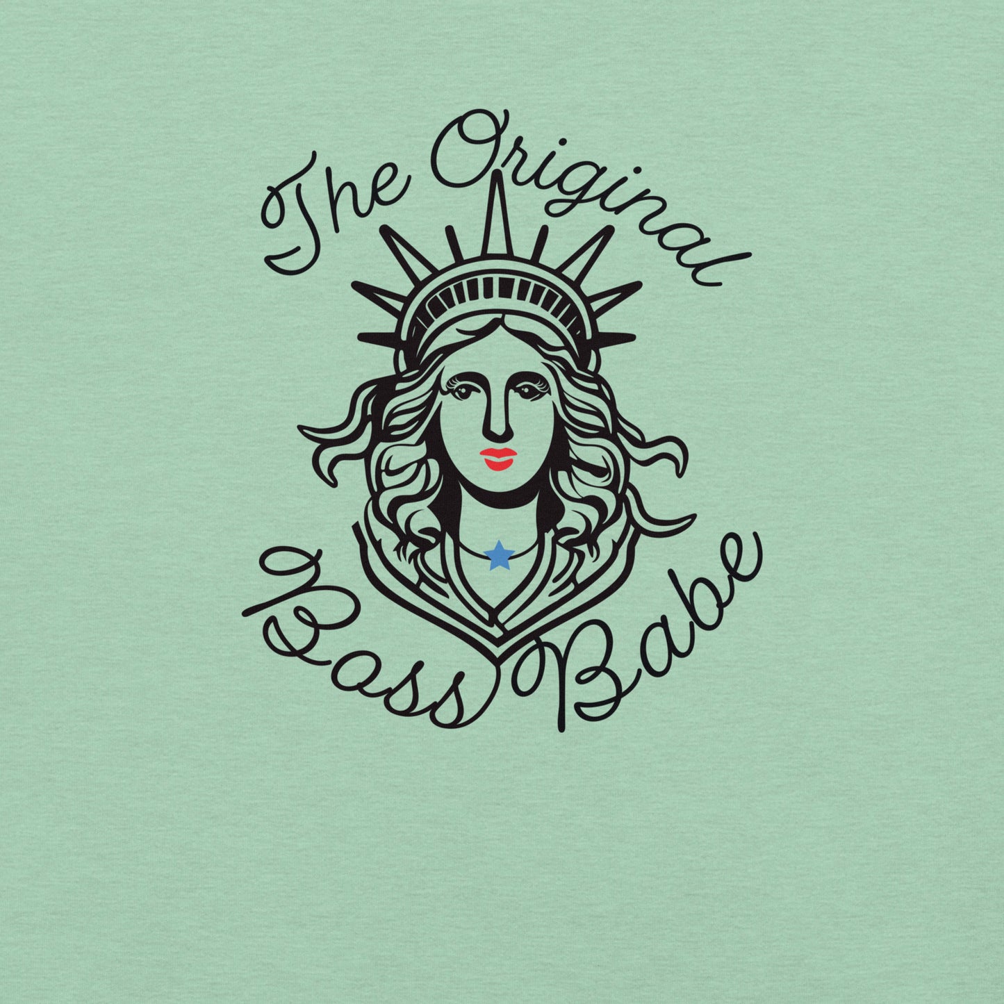 Close-up of Lady Liberty graphic with red lips, flowing hair, and blue star necklace — “Original Boss Babe” feminist shirt design
