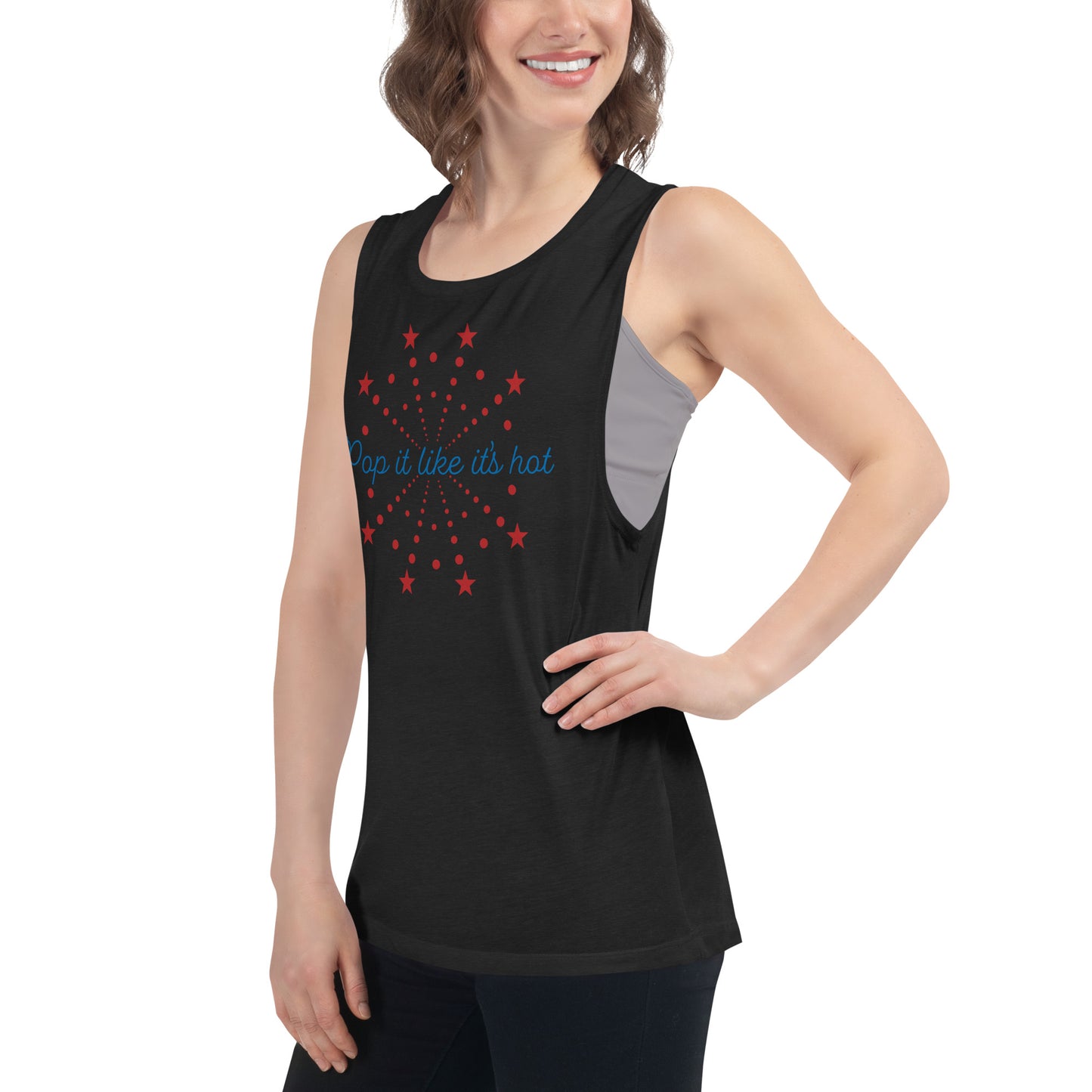 Black muscle tank for women with bold red fireworks and “Pop It Like It’s Hot” slogan — July 4th party top