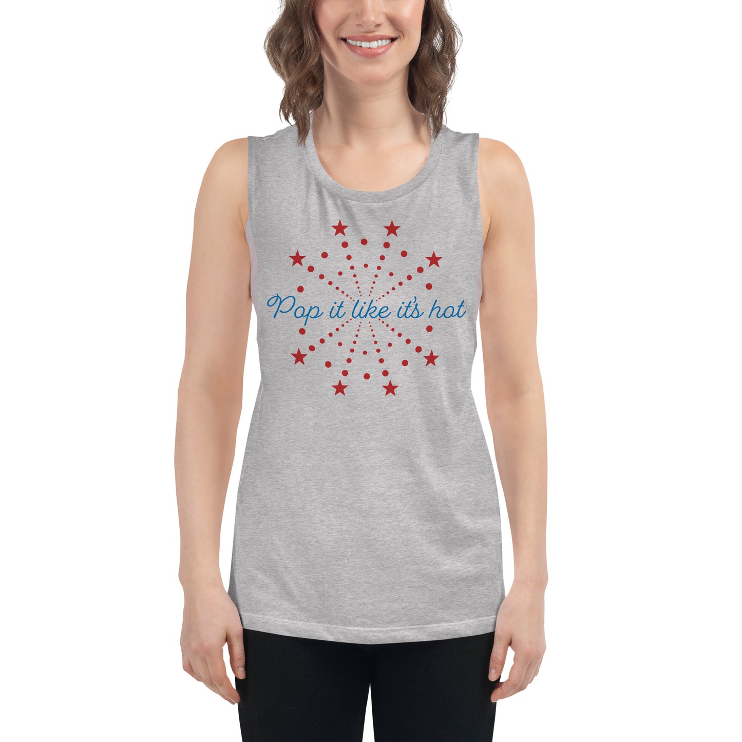 Heather gray muscle tank for women with bold red fireworks and “Pop It Like It’s Hot” slogan — July 4th party top