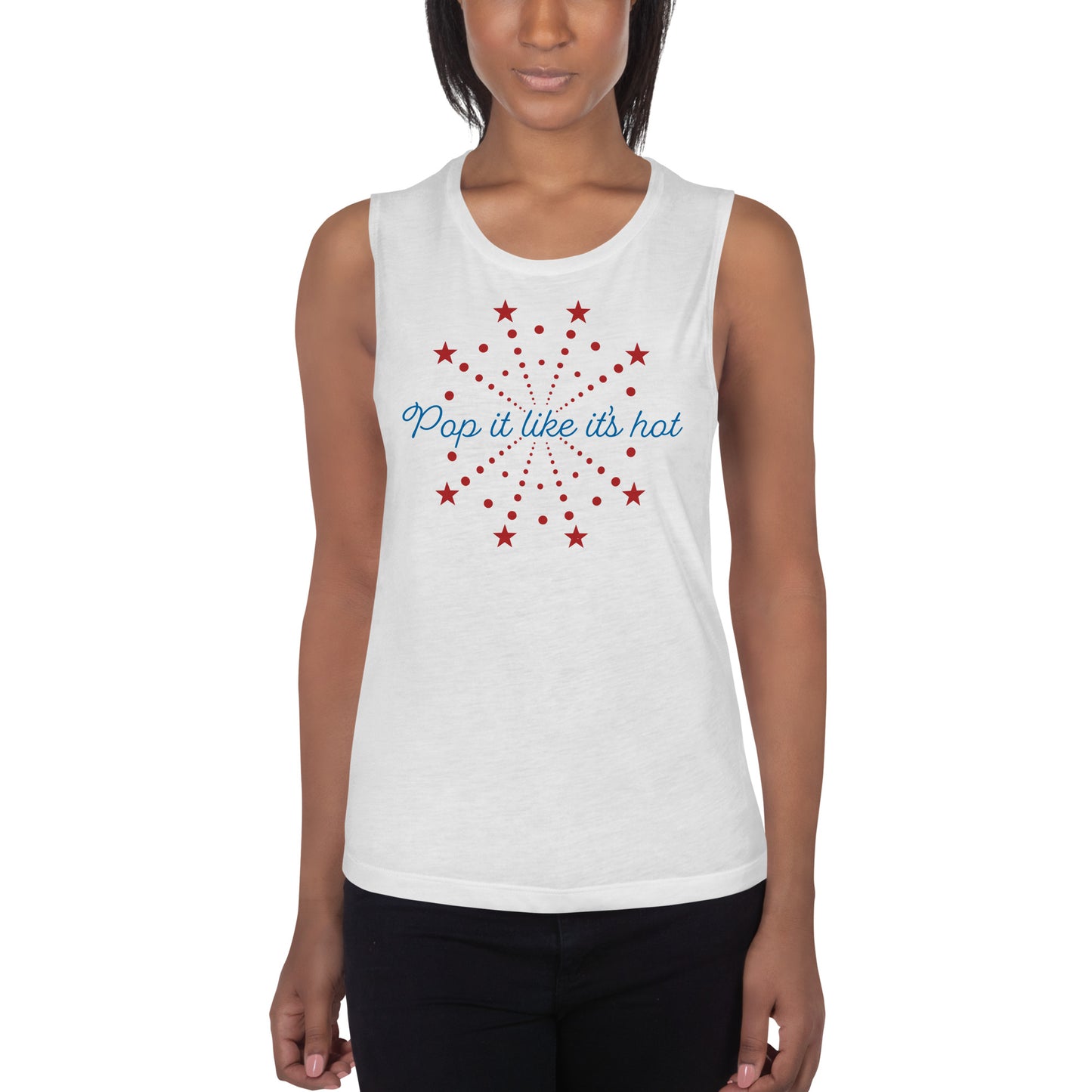Patriotic women’s tank top in white with red fireworks and blue lettering — styled on model for casual 4th outfit