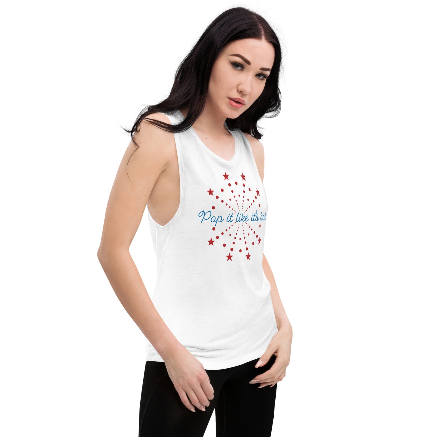 women’s muscle tank with “Pop It Like It’s Hot” fireworks design — relaxed fit for July 4th BBQs