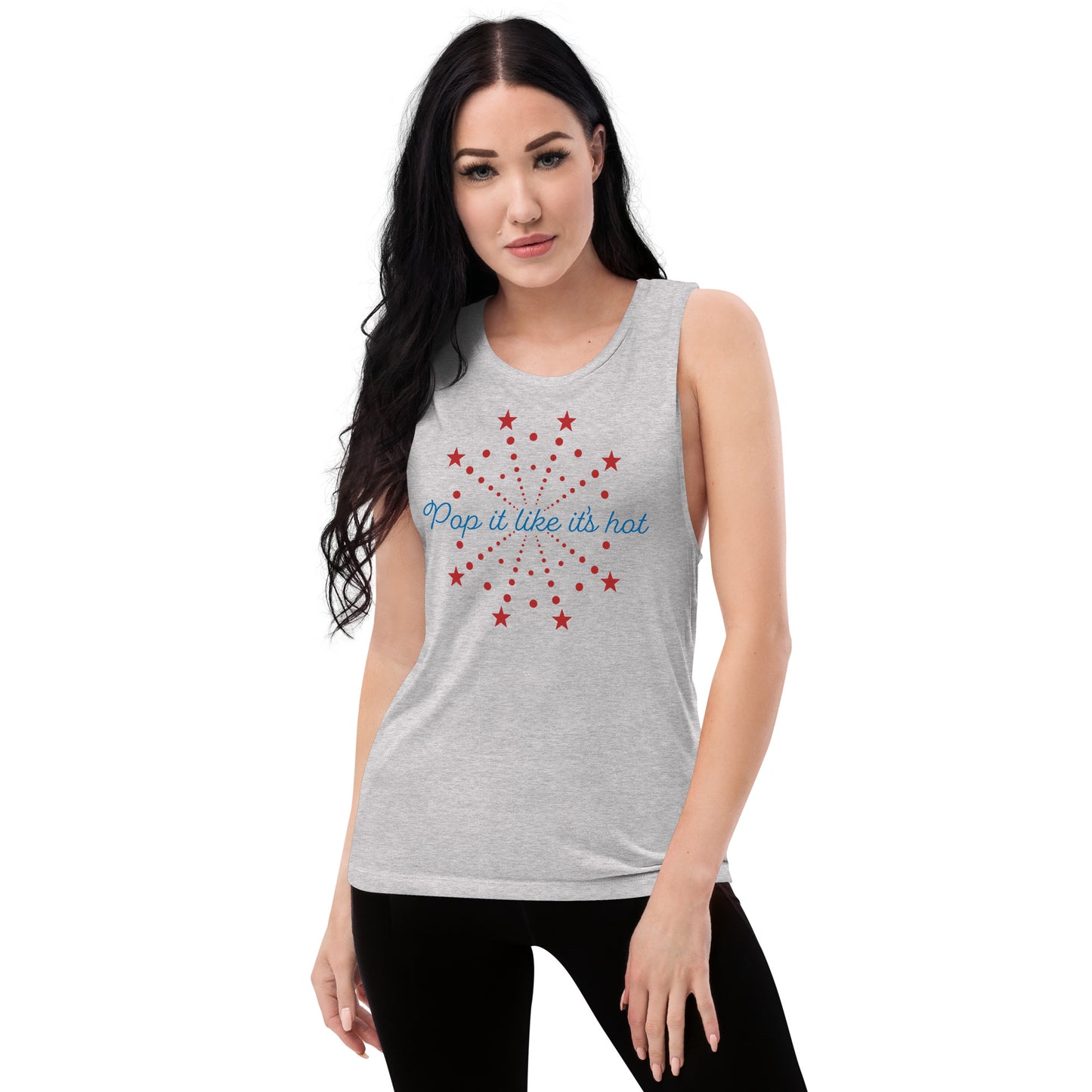 Fourth of July women’s tank in gray — relaxed fit with low armholes and retro firework-inspired graphic