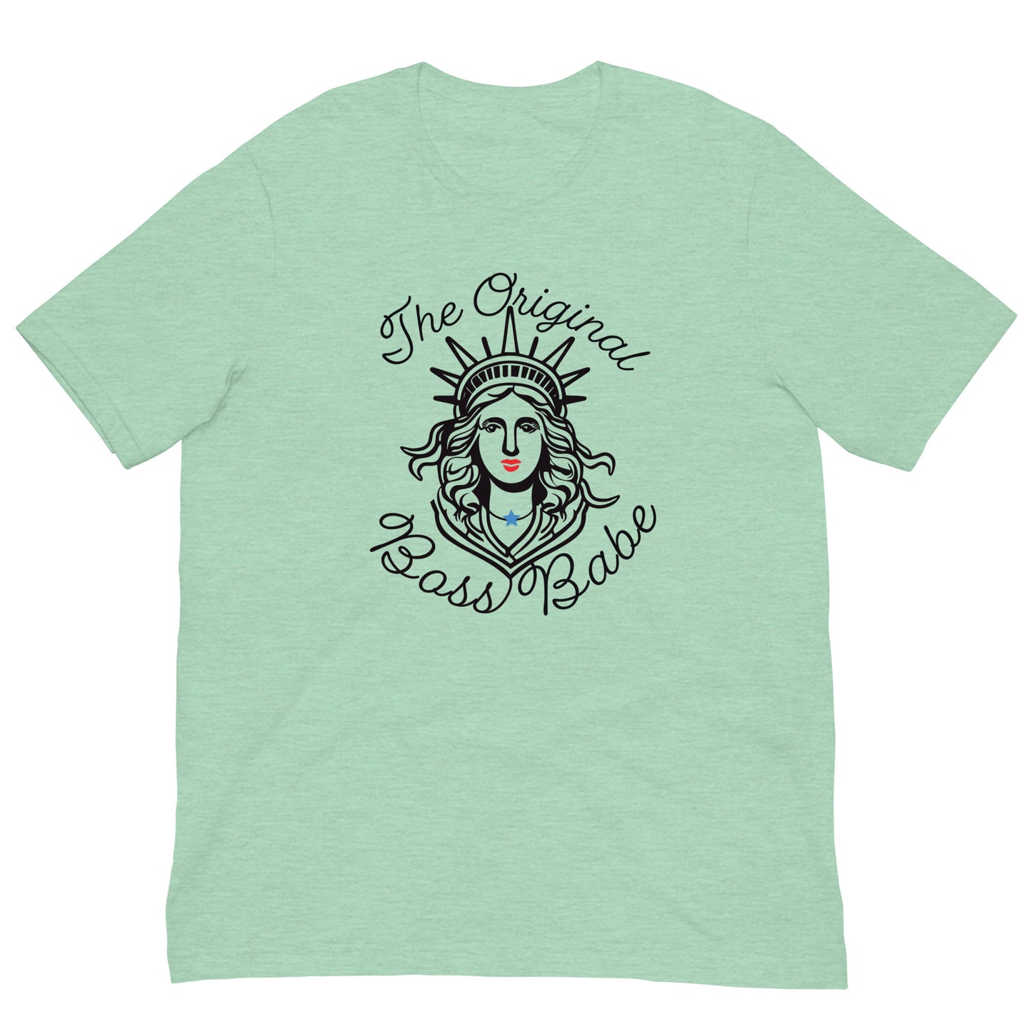 Heathered mint green t-shirt with Lady Liberty design and “Original Boss Babe” text — unisex fit Fourth of July top
