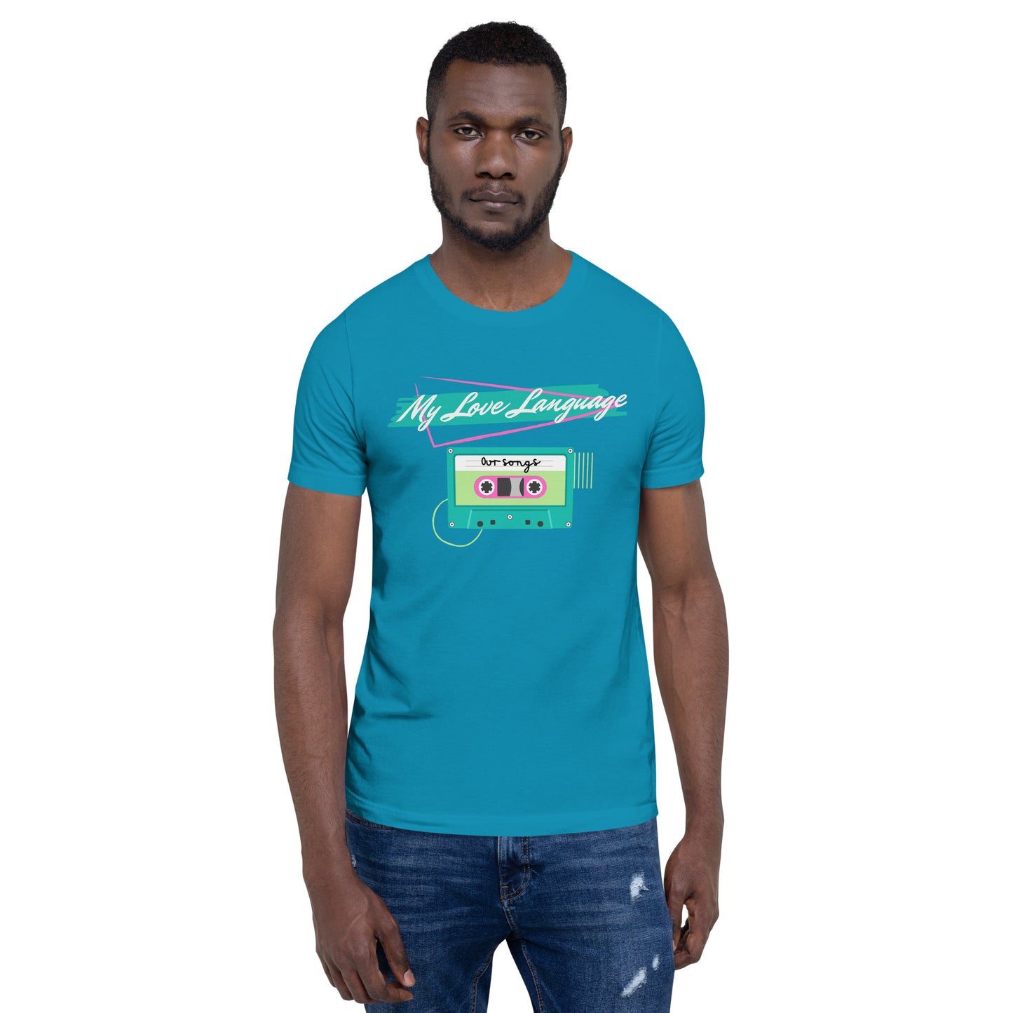 Model wearing bright blue 90s-inspired 'My Love Language' shirt with retro mixtape art – part of the Nostalgic Nook