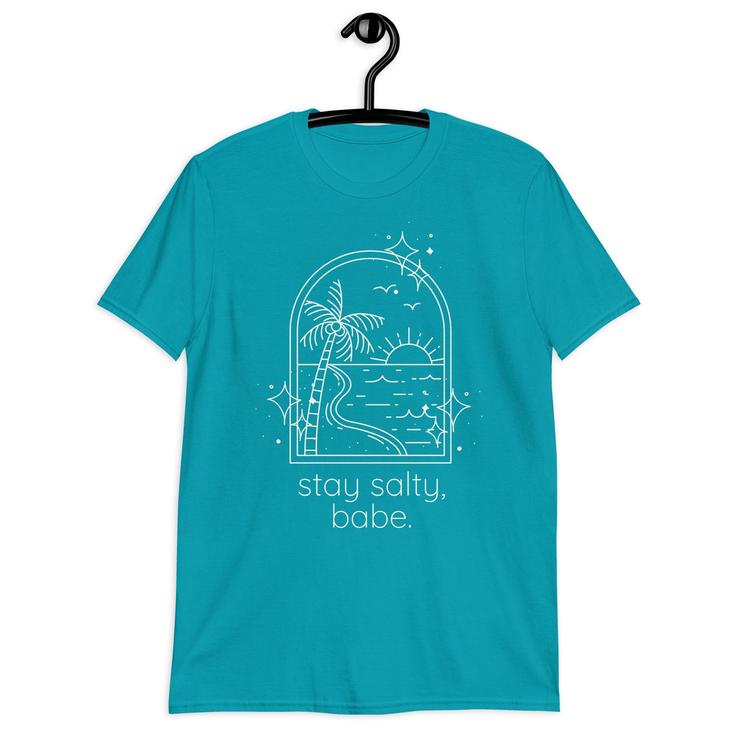 Hanging tropical blue graphic tee that reads "stay salty babe" from Jade Street Market