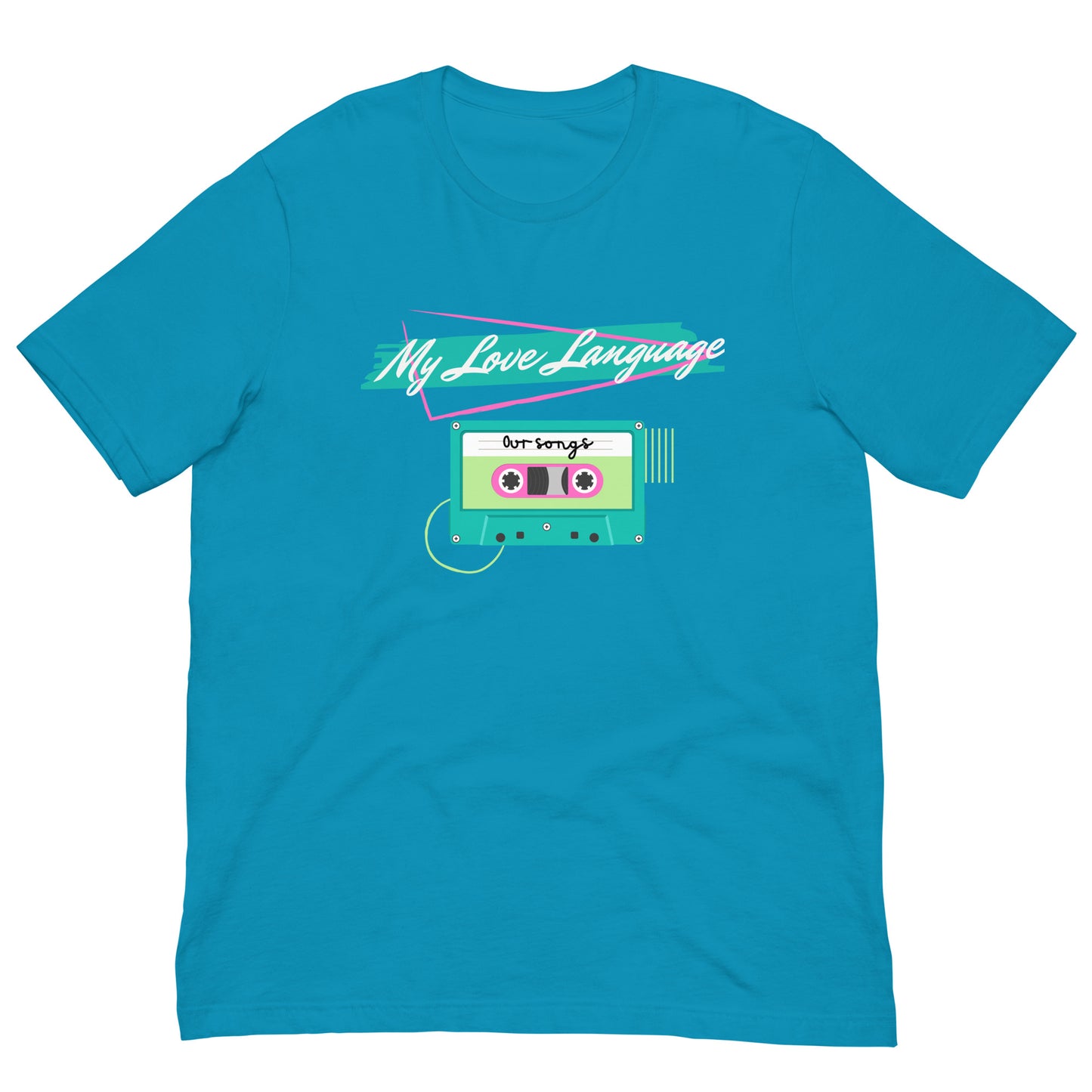 Close-up of cassette tape tee from the Nostalgic Nook in bright blue– bright 80s/90s colors with playful love language message