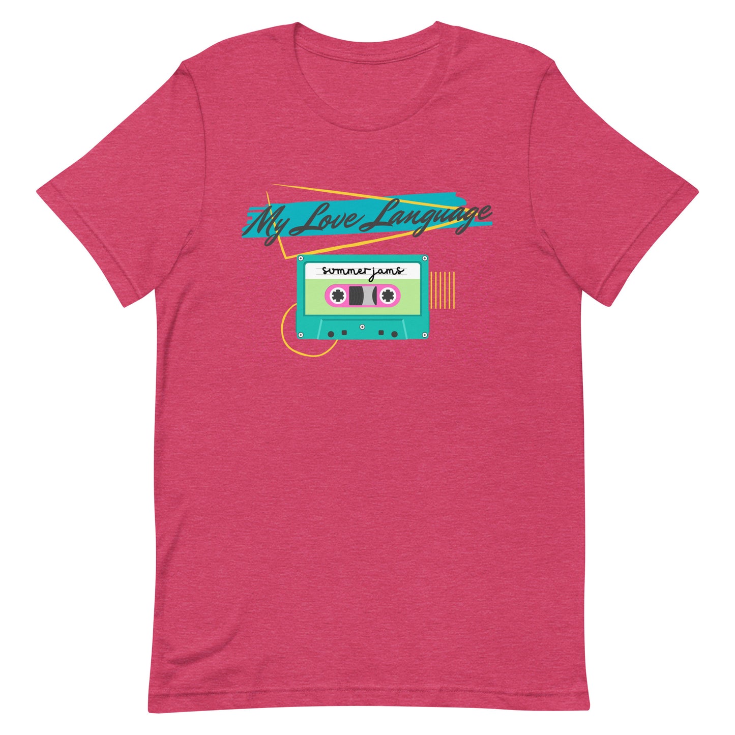 Close-up of hot pink cassette tape tee from the Nostalgic Nook – bright 80s/90s colors with playful love language message