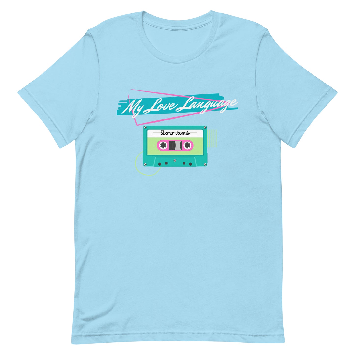 Close-up of cassette tape tee from the Nostalgic Nook in light blue– bright 80s/90s colors with playful love language message