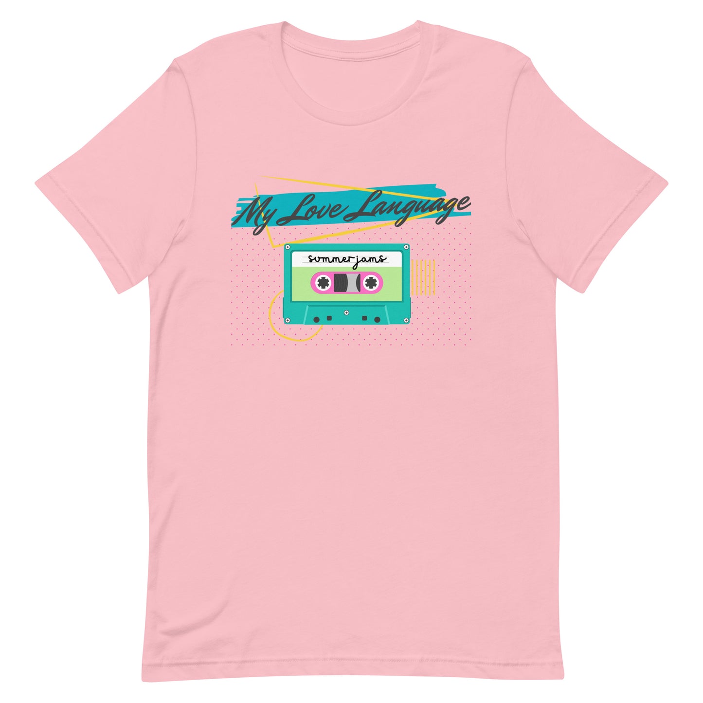 Close-up of cassette tape tee from the Nostalgic Nook in soft pink– bright 80s/90s colors with playful love language message