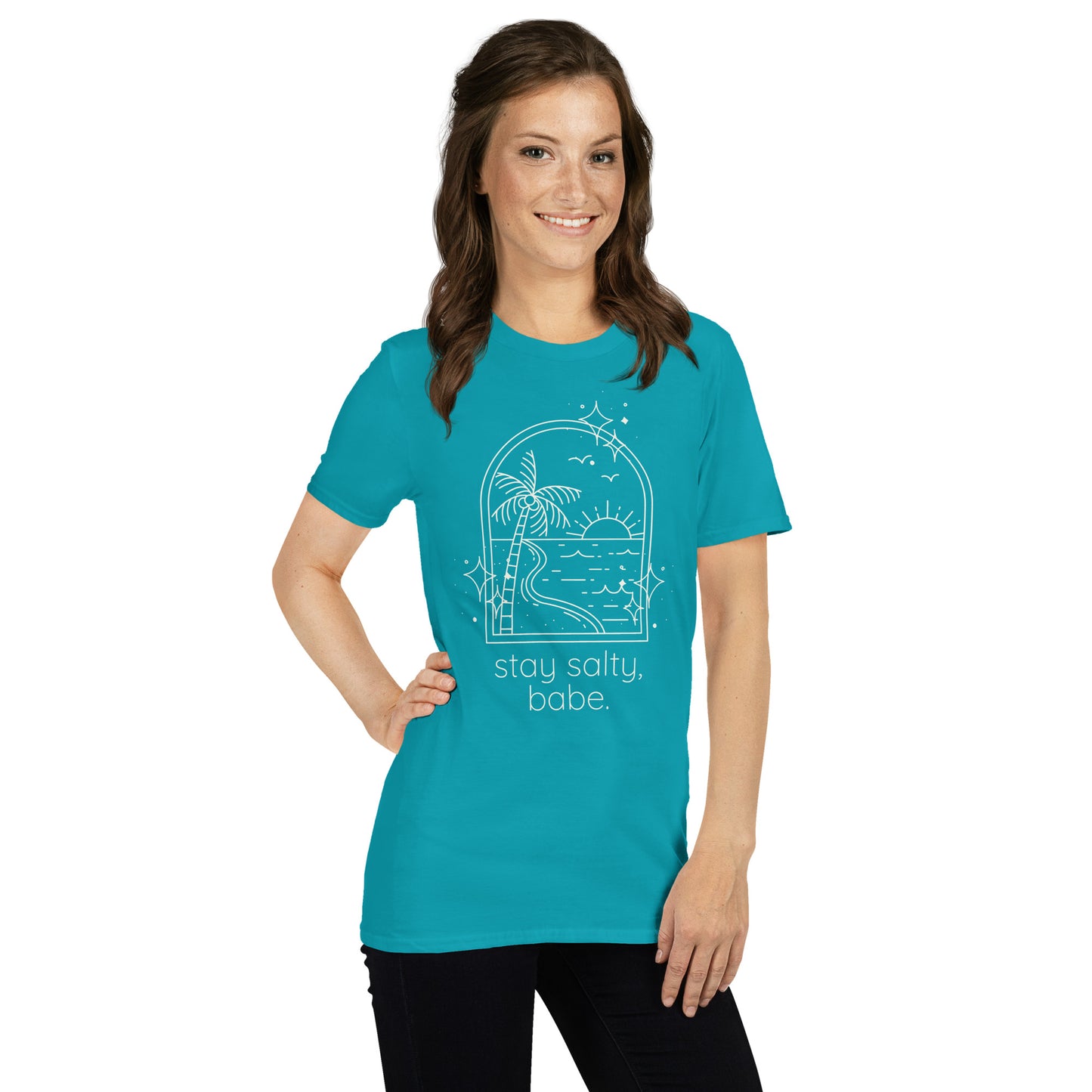 Tropical blue “Stay Salty, Babe” beach graphic tee on female model from Jade Street Market