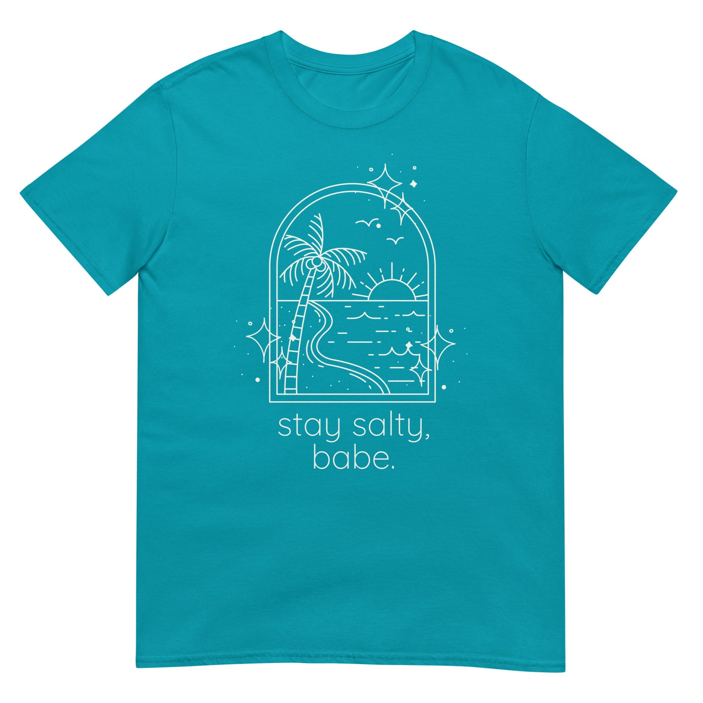 Flat lay of tropical blue "stay salty, babe" graphic tee with for women from Jade Street Market.