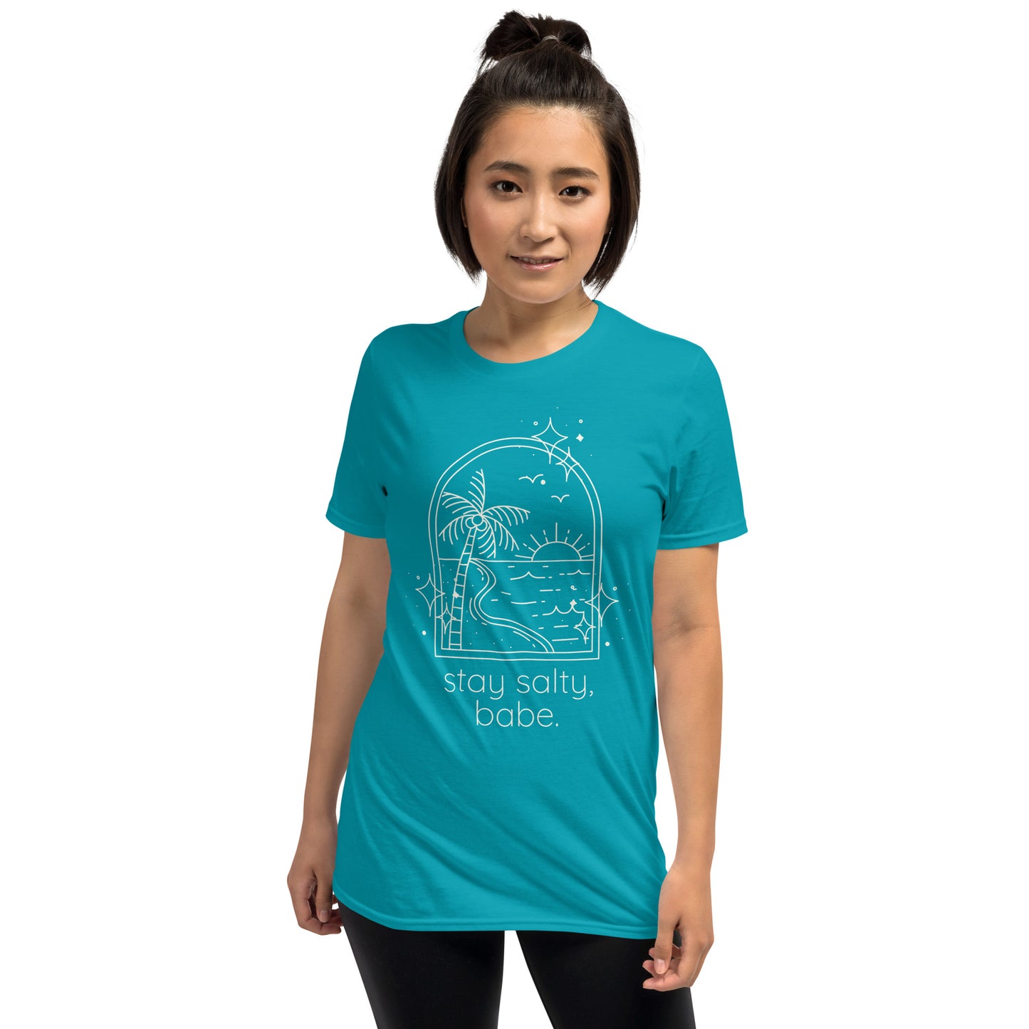 Tropical blue “Stay Salty, Babe” tee on female model with casual summer look