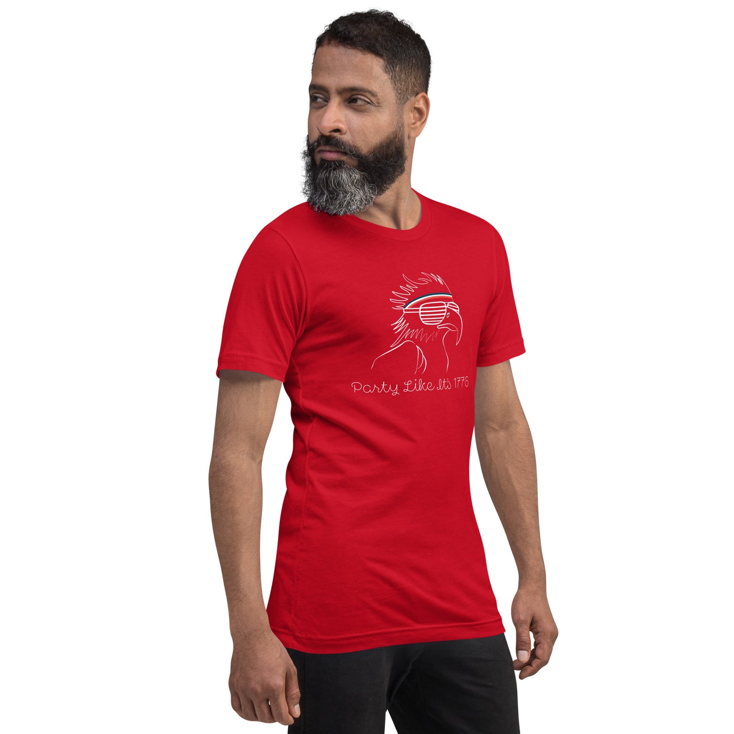 Funny red 1776 t-shirt for Fourth of July — bald eagle in sunglasses design on classic unisex crew neck