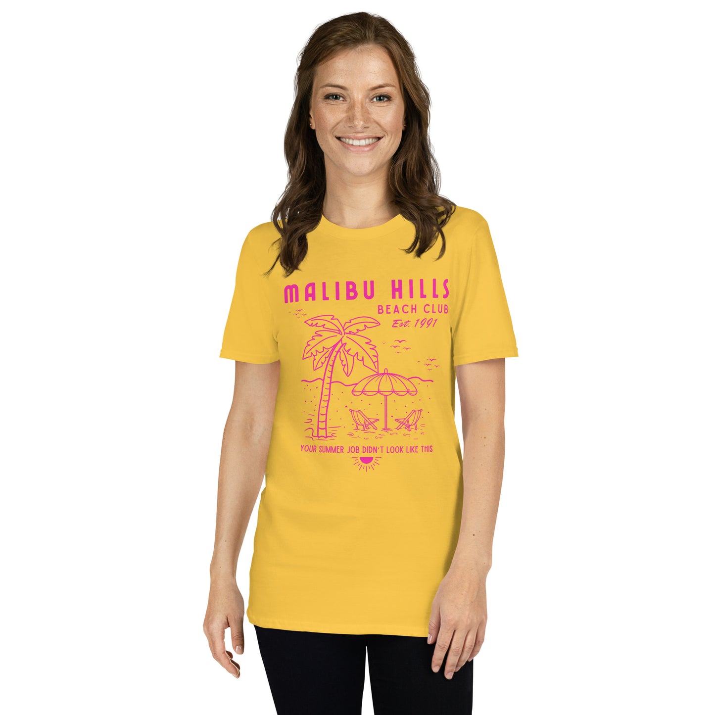 Model wearing Malibu Hills Beach Club 90s summer tee in daisy yellow with hot pink graphic, unisex fit