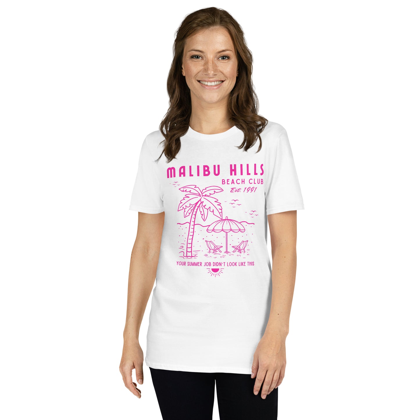 White Malibu Hills Beach Club nostalgic 90s tee worn by model, features hot pink graphic and relaxed unisex fit