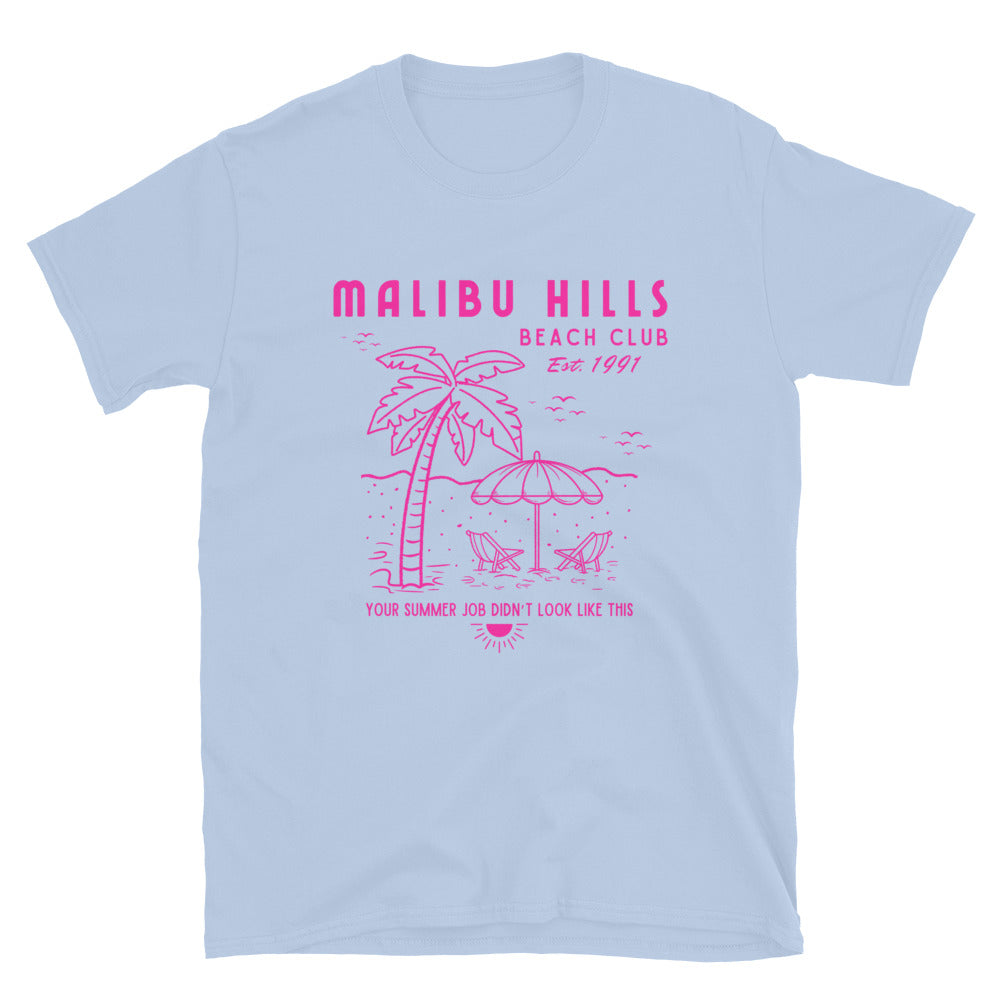 Light blue Malibu Hills Beach Club nostalgic 90s tee featuring hot pink beach club graphic