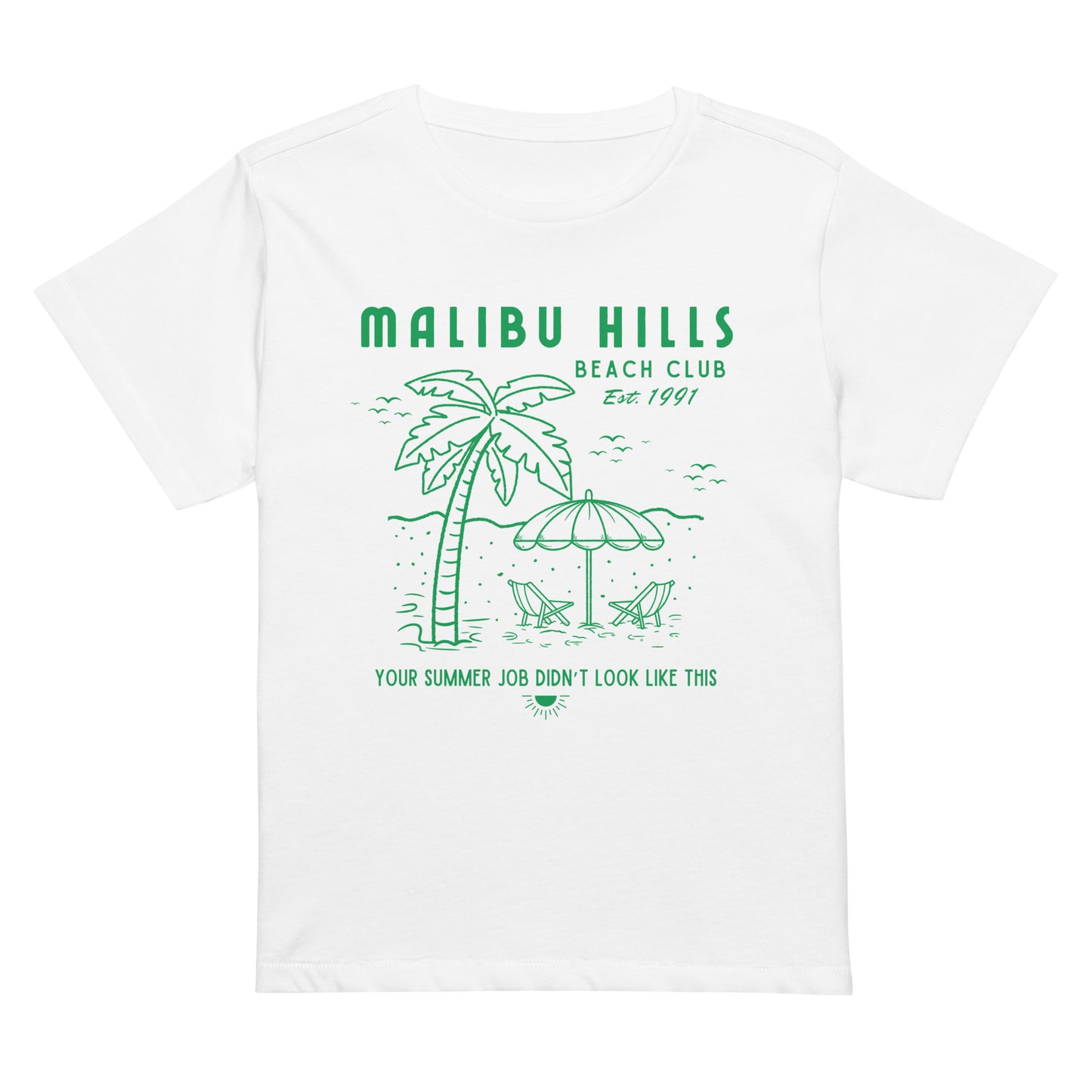 Nostalgic 90s inspired graphic tee featuring iconic malibu beach club messaging in white with kelly green graphics
