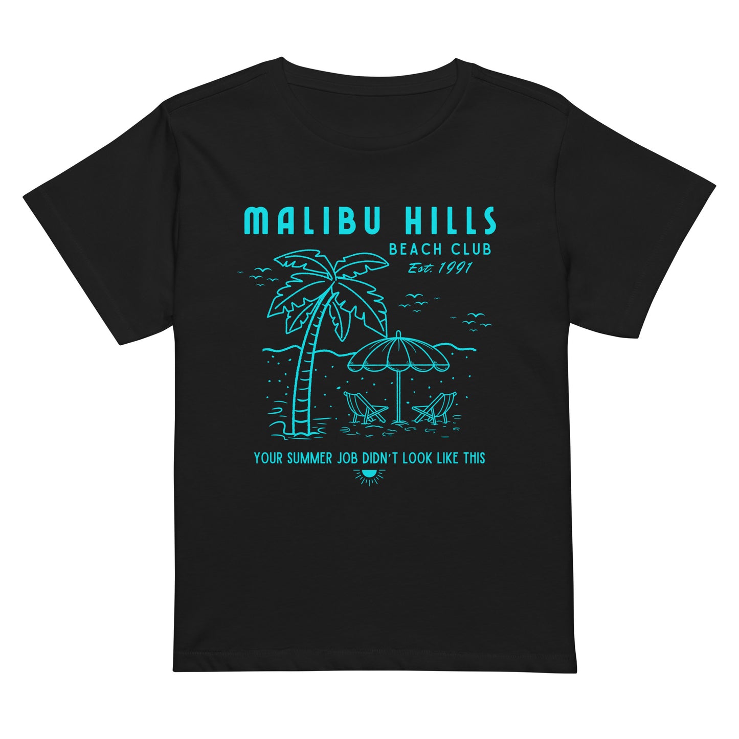 Black baby tee laid flat with bold blue Malibu Hills Beach Club graphic, modern 90s-inspired fit