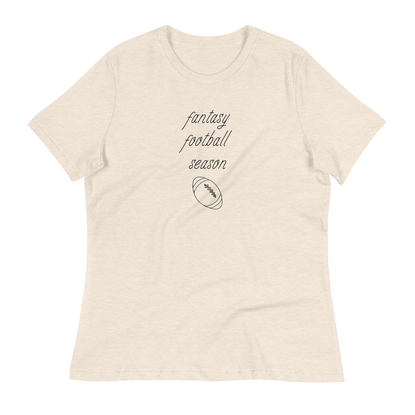 Heathered off-white women's tee shirt that reads "FANTASY FOOTBALL SEASON" along with an image of a football. The font is a thin and flowy cursive that is pretty and feminine.