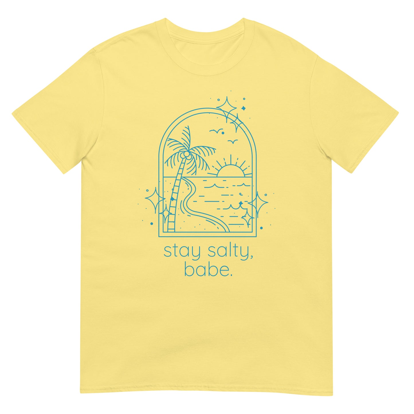 Yellow women’s beach graphic tee laid flat reads stay salty, babe.