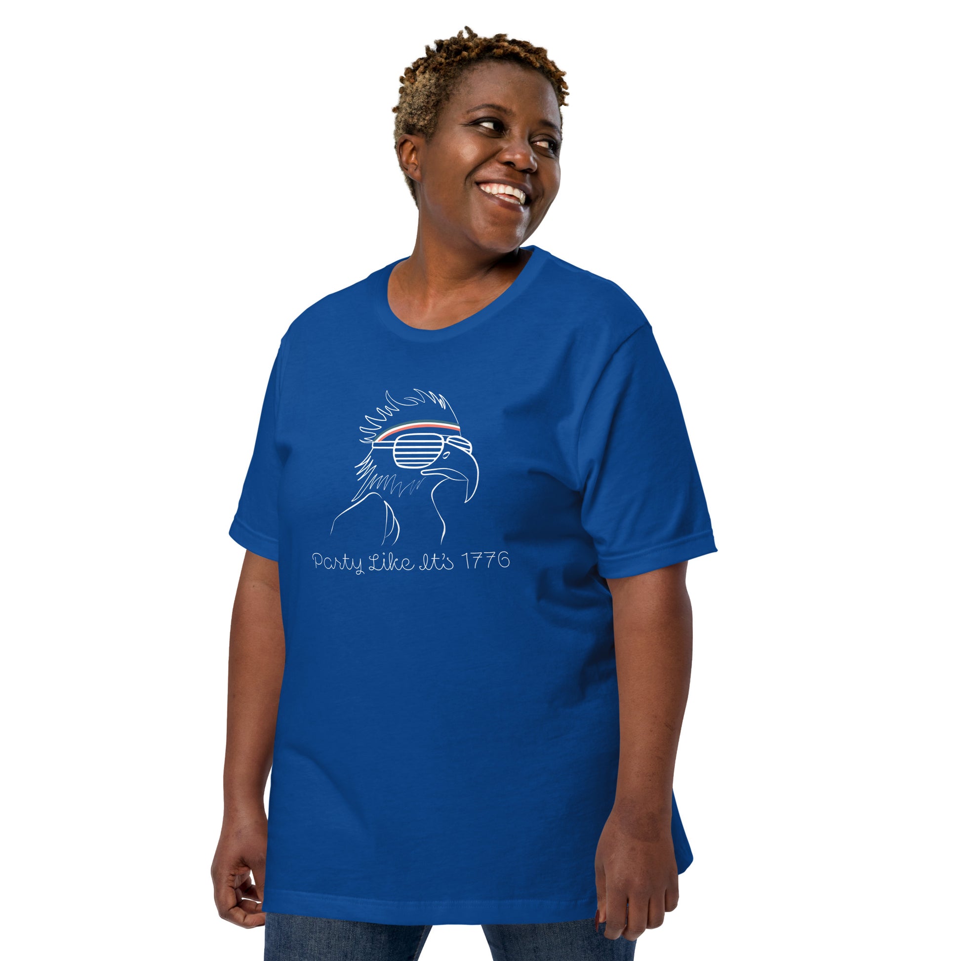 Classic blue unisex t-shirt with cool bald eagle and sweatband — Fourth of July shirt styled on woman