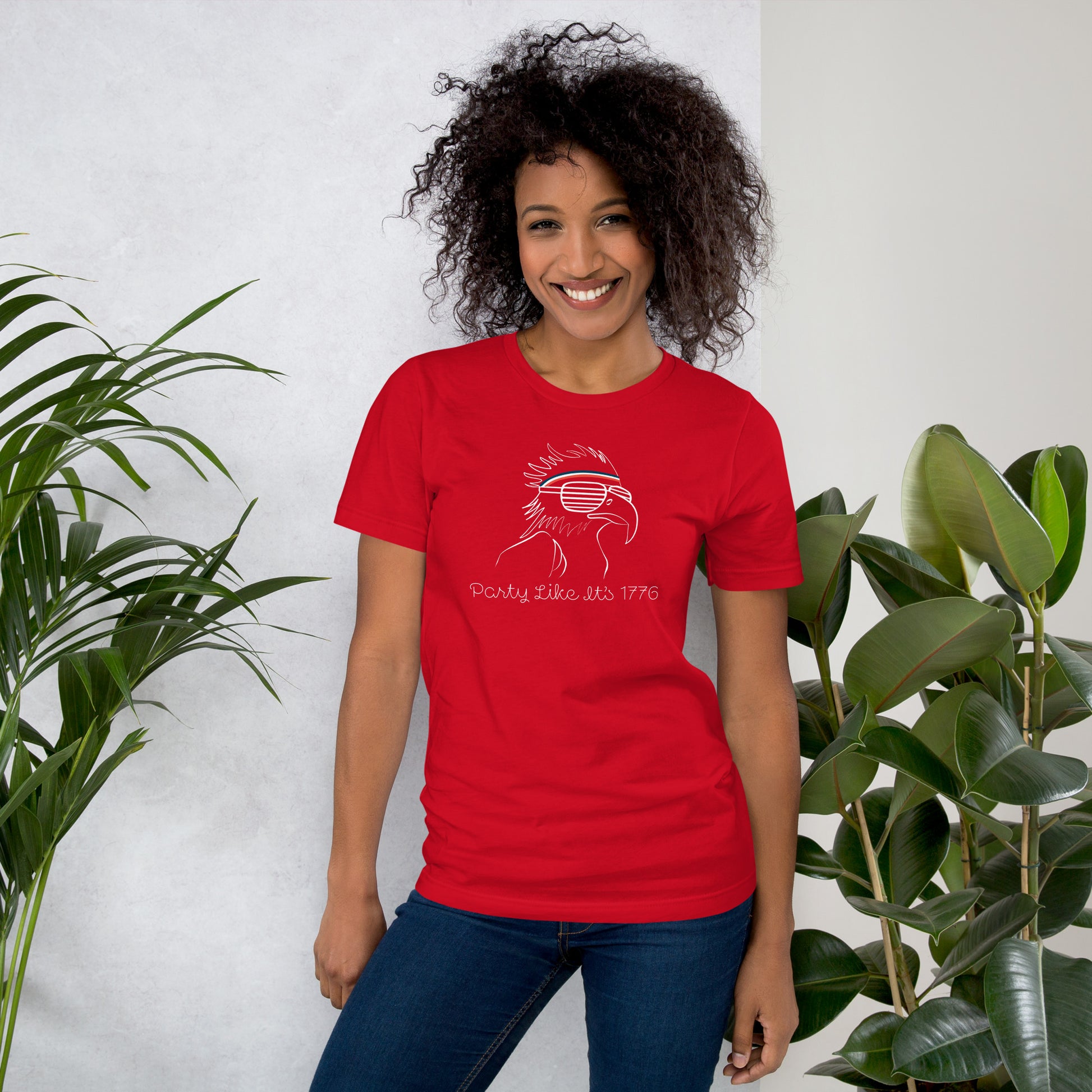 Unisex Fourth of July t-shirt in red with bald eagle graphic and “Party Like It’s 1776” — relaxed fit for BBQs and fireworks