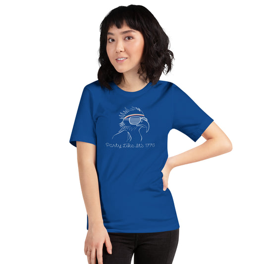 Unisex Fourth of July t-shirt in blue with bald eagle graphic and “Party Like It’s 1776” — relaxed fit for BBQs and fireworks