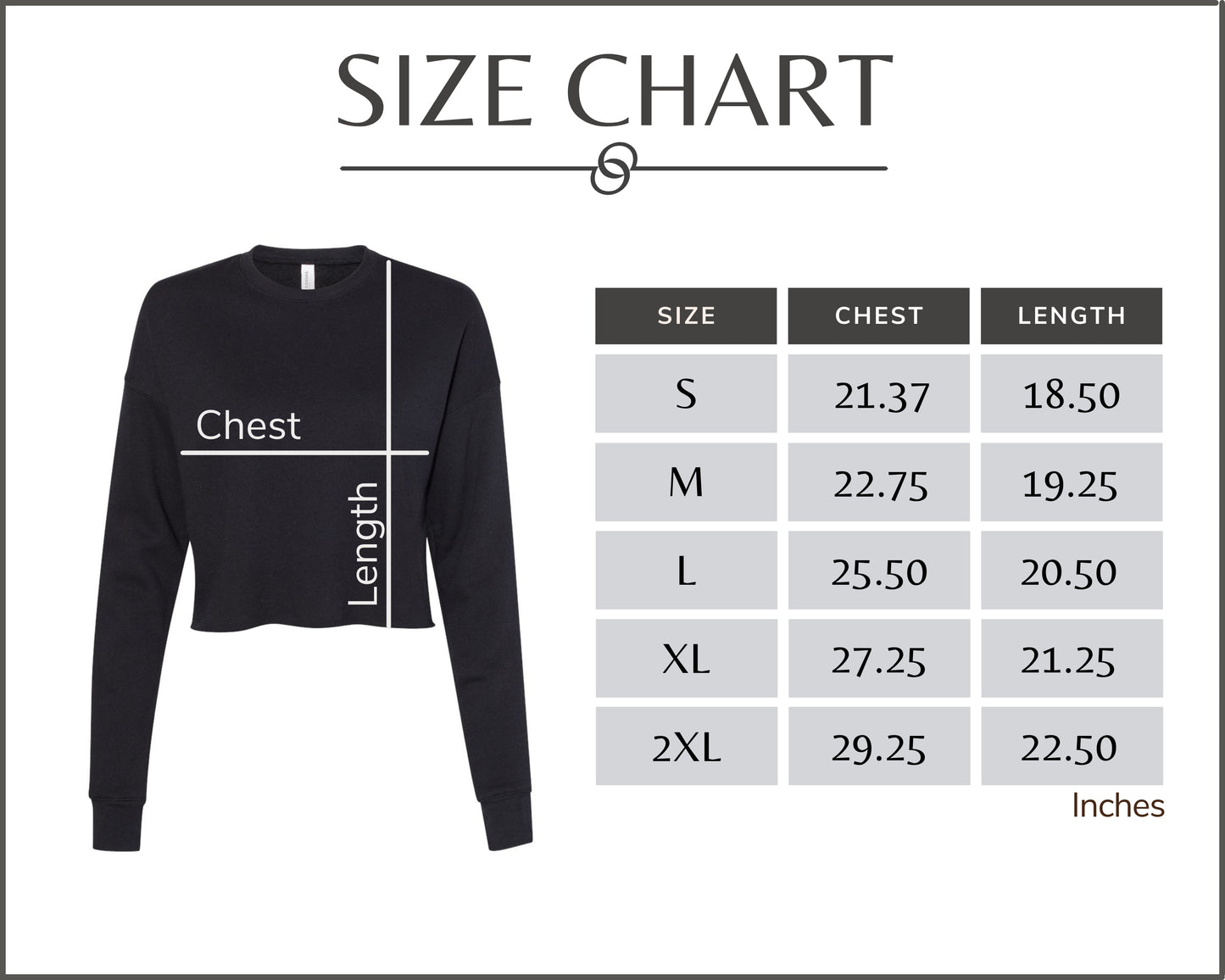 Women's Cropped sweatshirt size chart shows the chest and length dimensions for the perfect fit.