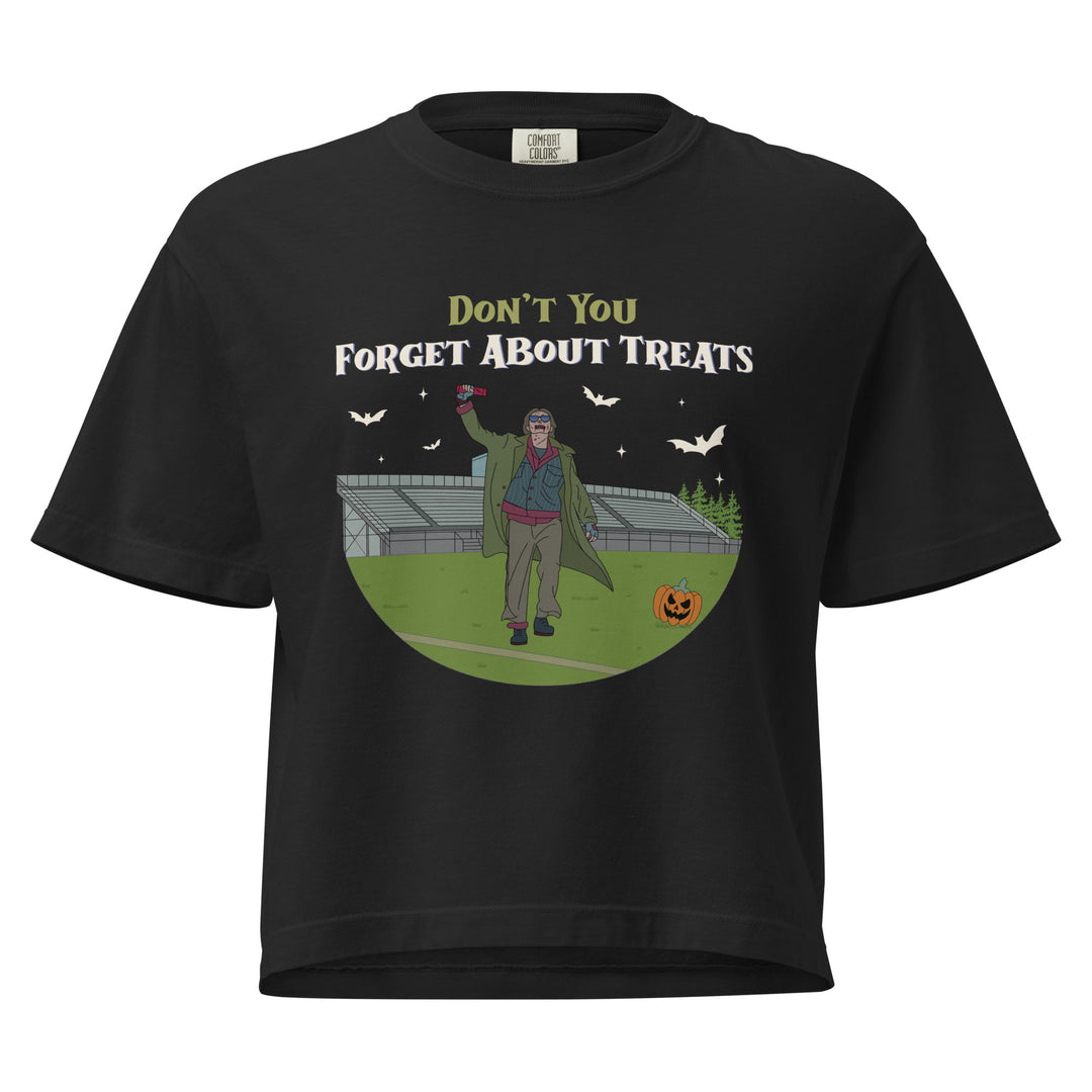 Black 80s Halloween mashup graphic tee with zombie fist-pump and candy illustration, text reads “Don’t You Forget About Treats.”