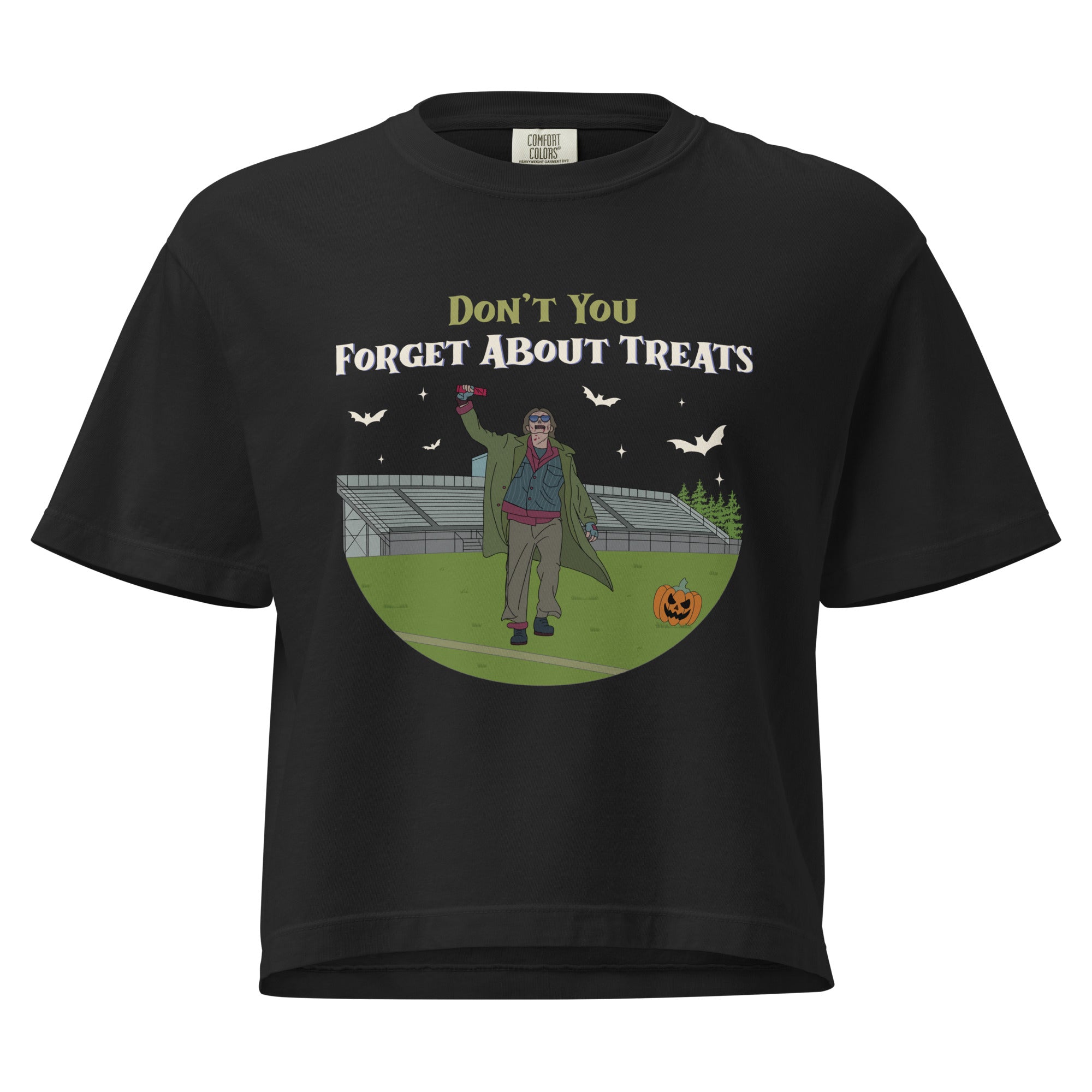 Black 80s Halloween mashup graphic tee with zombie fist-pump and candy illustration, text reads “Don’t You Forget About Treats.”