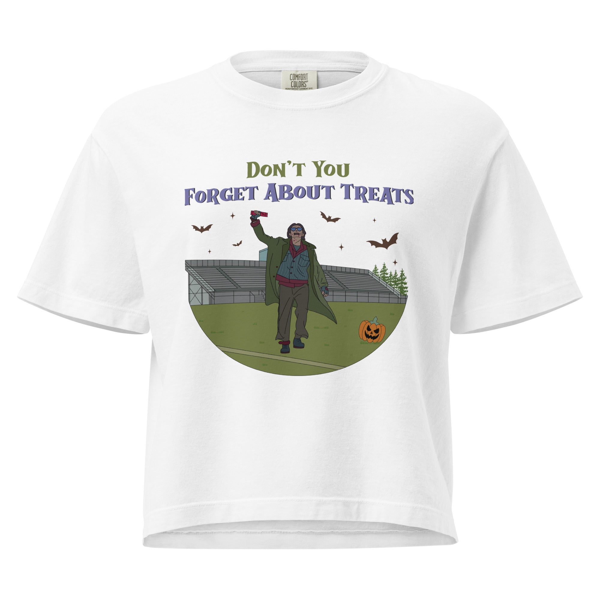 White “Don’t You Forget About Treats” graphic tee with zombie design and Halloween candy detail, 80s movie inspired.