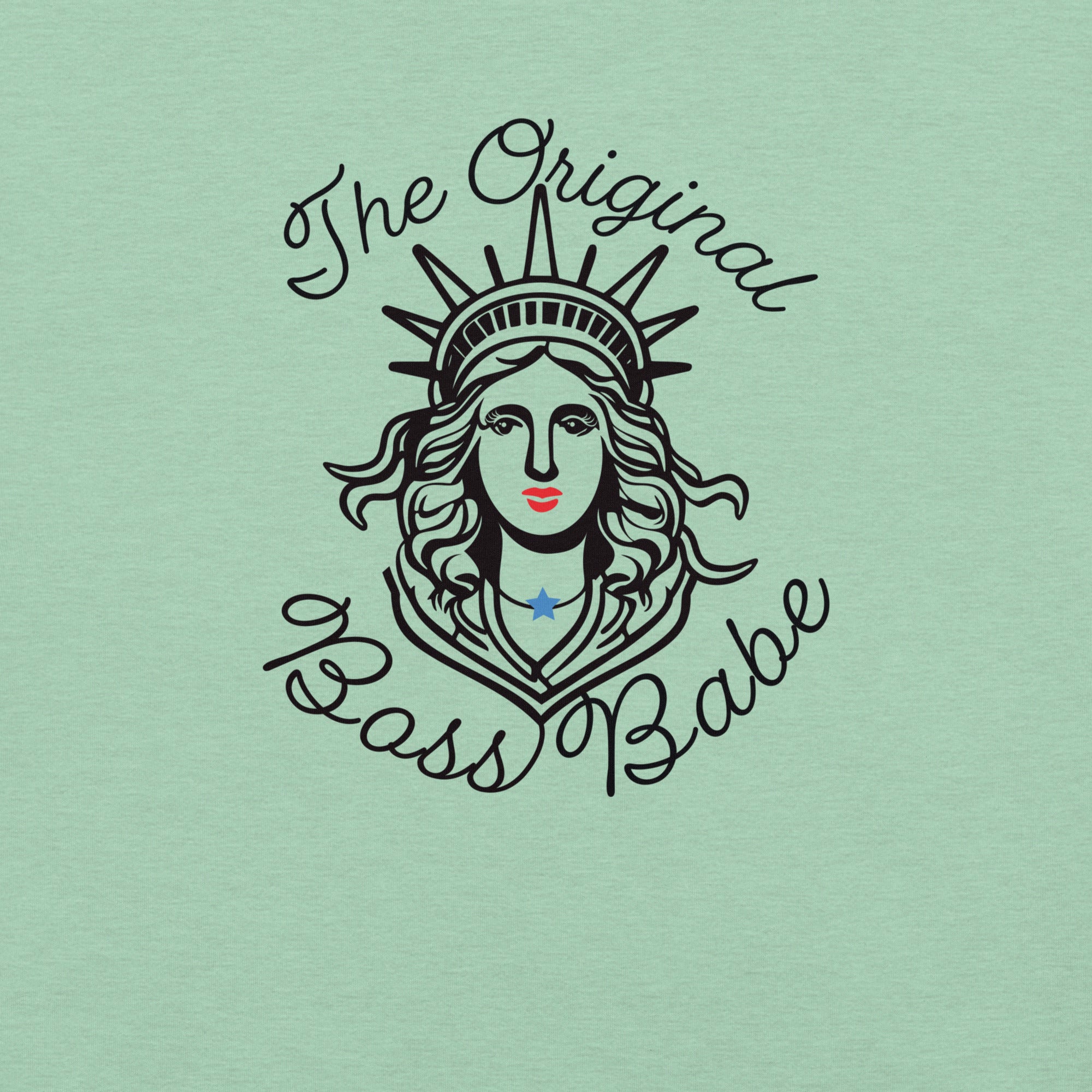 Close-up of Lady Liberty graphic with red lips, flowing hair, and blue star necklace — “Original Boss Babe” feminist shirt design