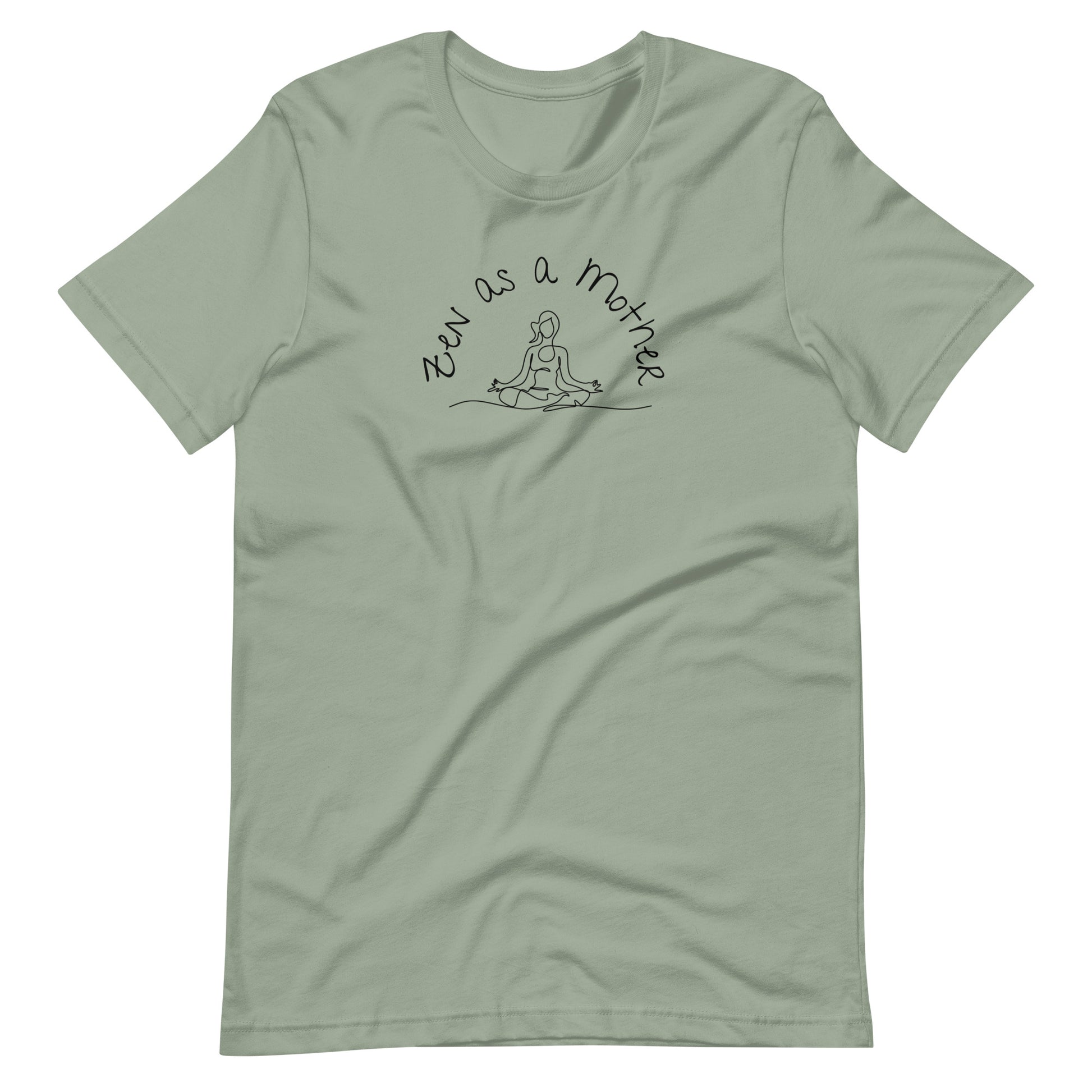 Flat lay of sage green tshirt with Zen as a Mother text and yoga line art graphic in black