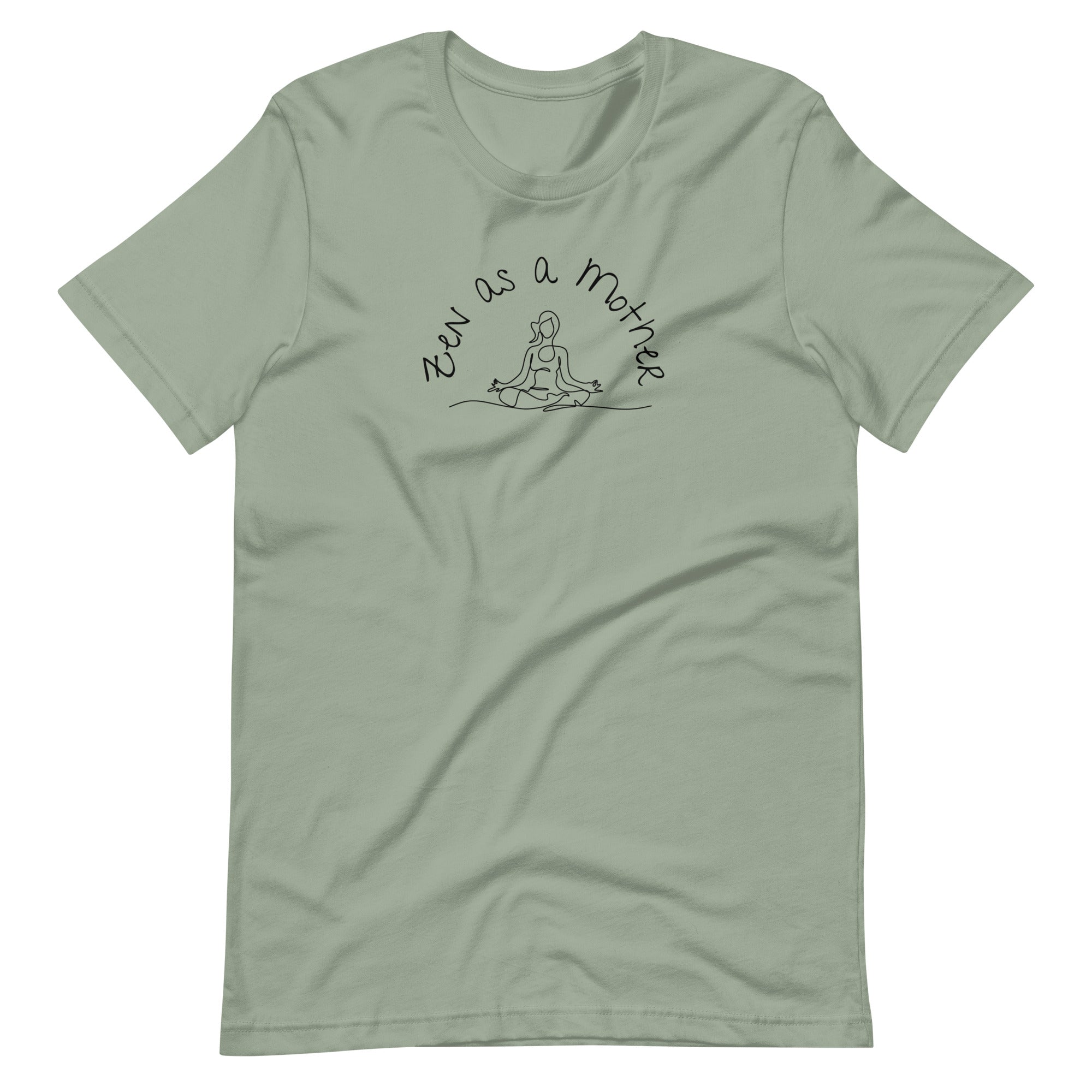 Flat lay of sage green tshirt with Zen as a Mother text and yoga line art graphic in black