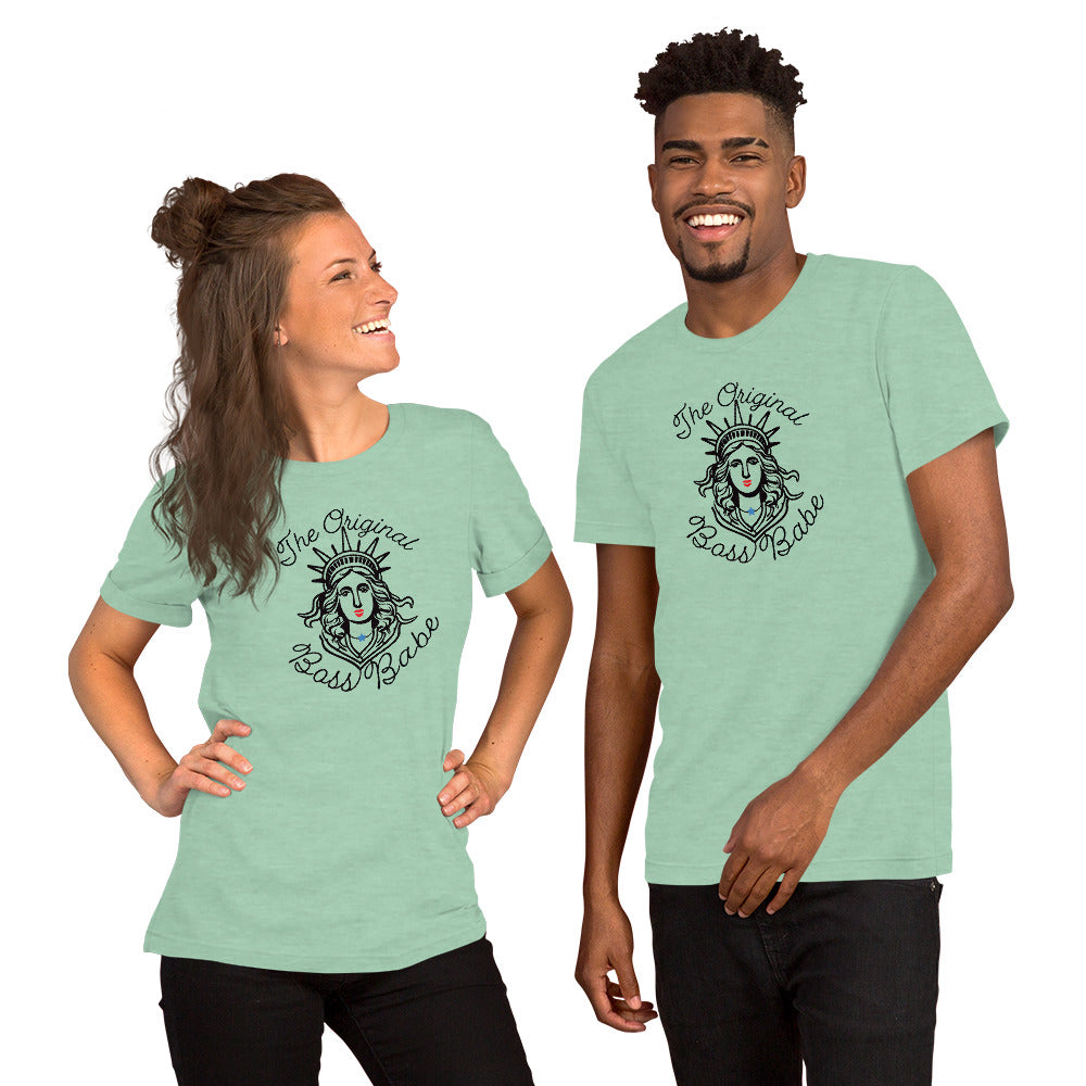 Unisex Lady Liberty shirt modeled on man and woman — heathered mint green tee with bold feminist 4th of July design