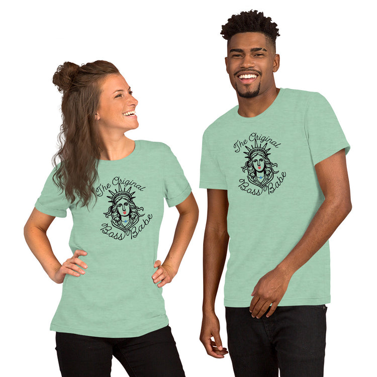 Unisex Lady Liberty shirt modeled on man and woman — heathered mint green tee with bold feminist 4th of July design