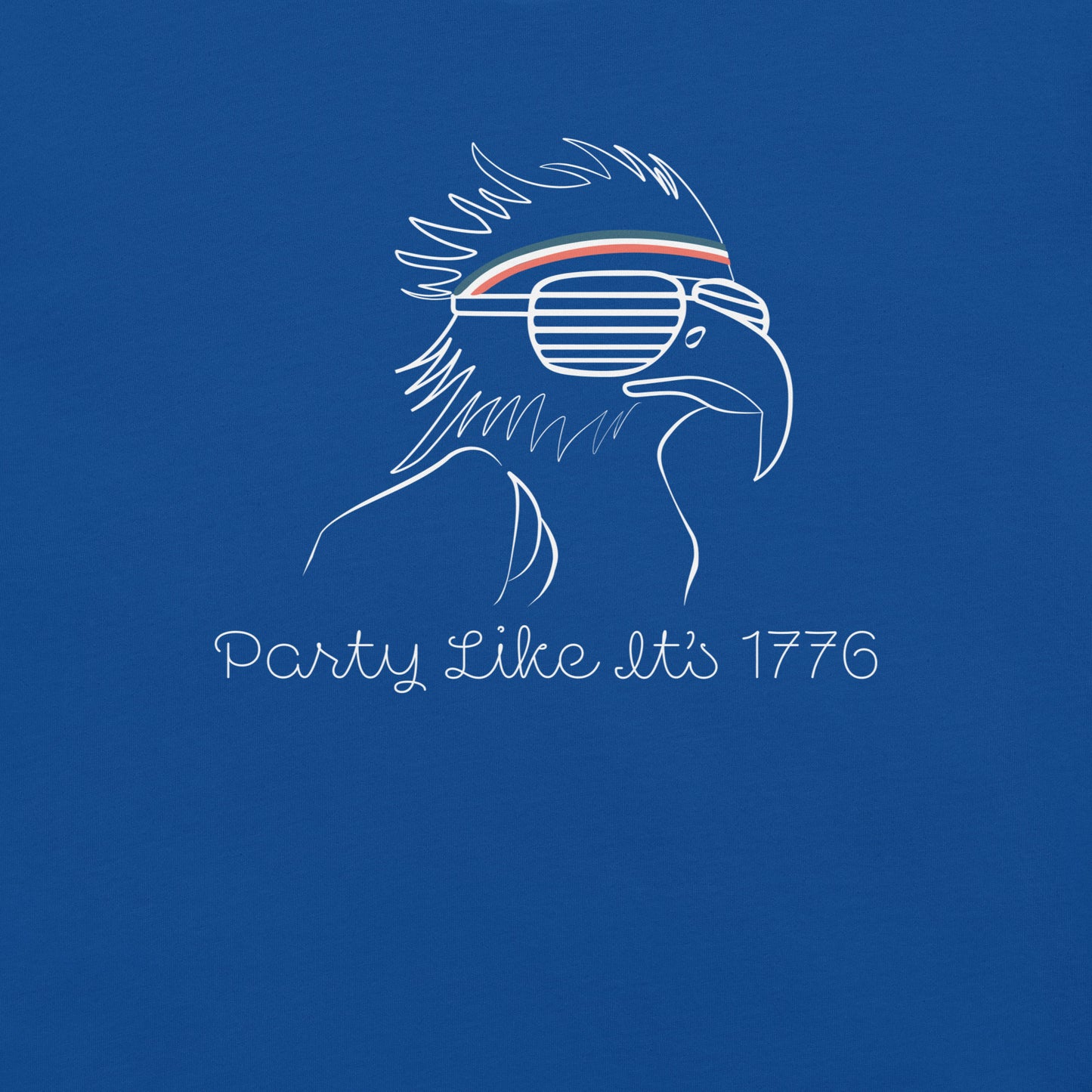 Close-up of “Party Like It’s 1776” graphic featuring a retro bald eagle in sweatband and shades — bold patriotic design for Fourth of July tees