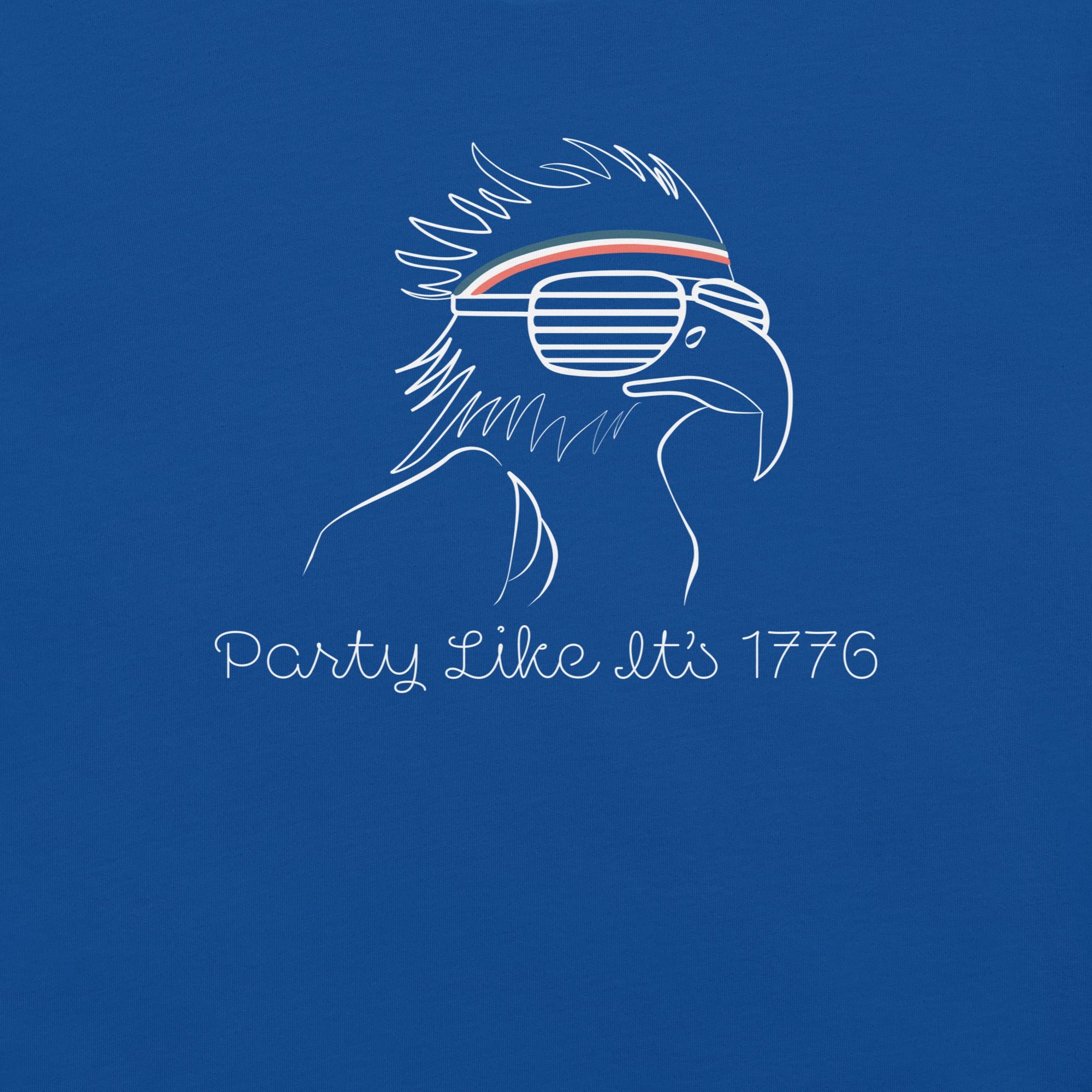 Close-up of “Party Like It’s 1776” graphic featuring a retro bald eagle in sweatband and shades — bold patriotic design for Fourth of July tees