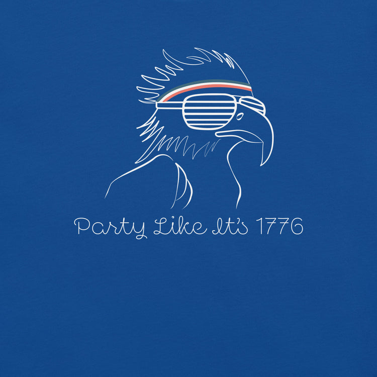 Close-up of “Party Like It’s 1776” graphic featuring a retro bald eagle in sweatband and shades — bold patriotic design for Fourth of July tees