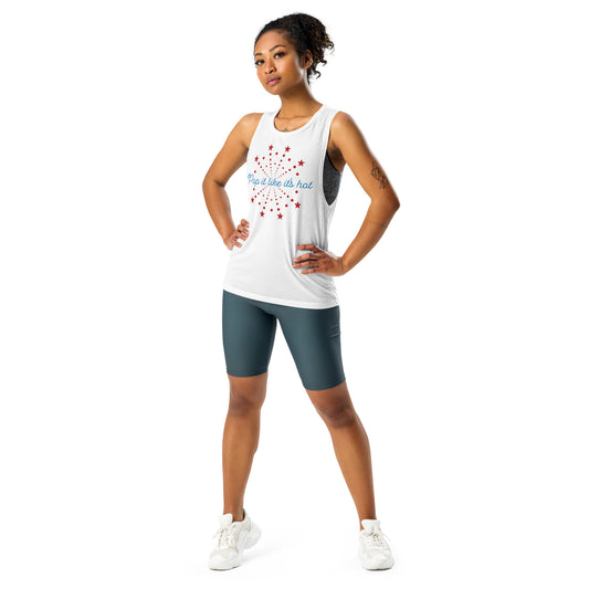 Millennial-style Fourth of July tank top on woman — white relaxed-fit muscle tank with cheeky firework graphic