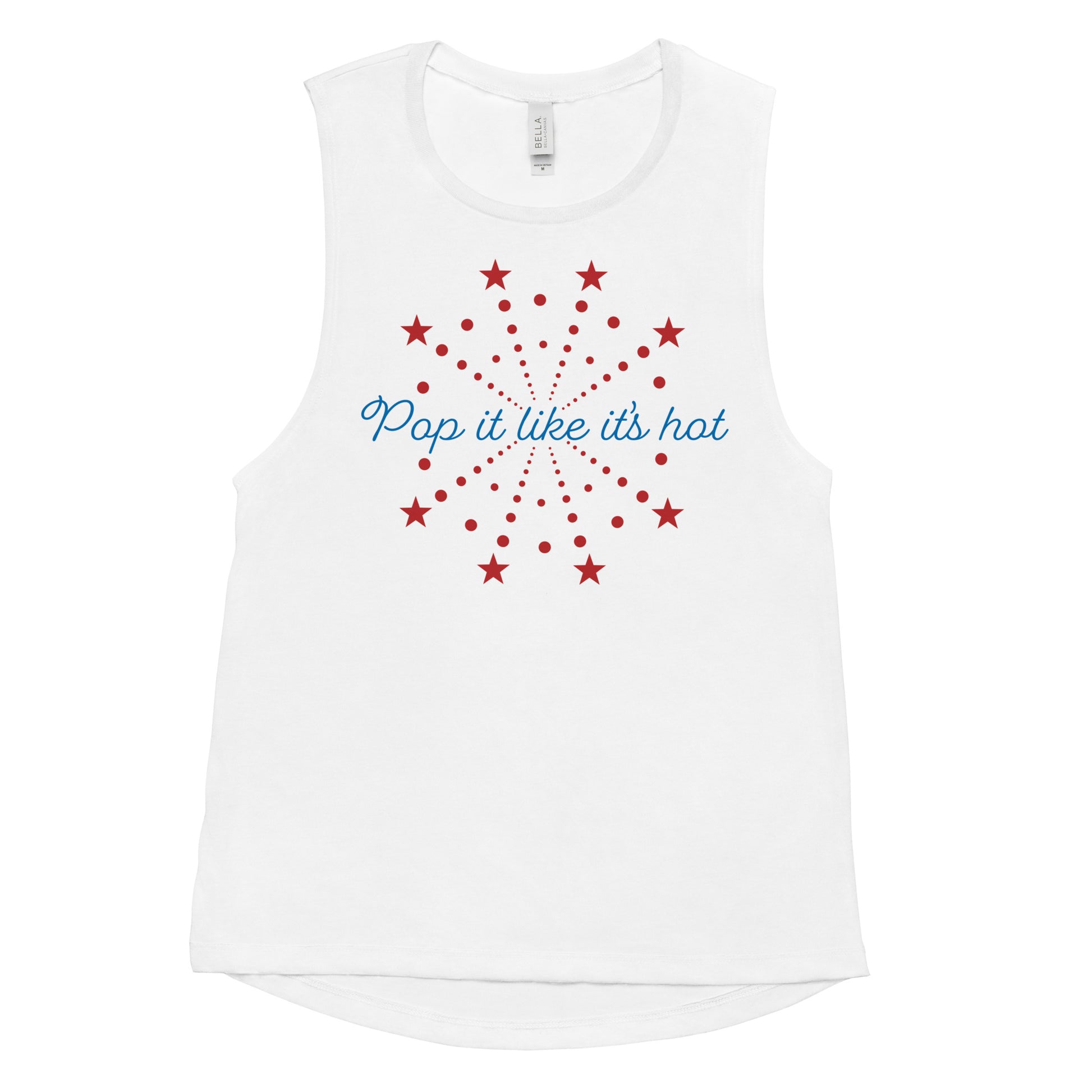 Flat lay of white women’s 4th of July muscle tank with “Pop It Like It’s Hot” red and blue firework graphic