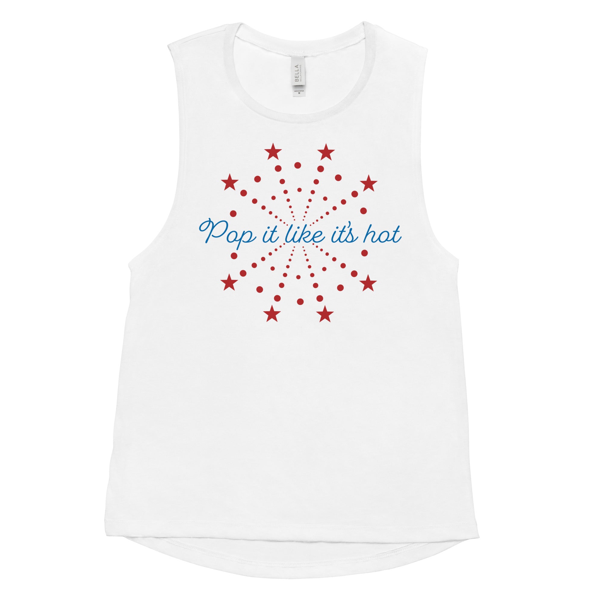 Flat lay of white women’s 4th of July muscle tank with “Pop It Like It’s Hot” red and blue firework graphic
