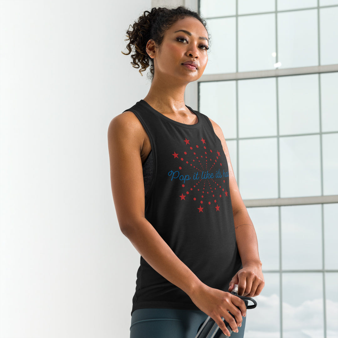 Black Fourth of July tank for women — cheeky “Pop It Like It’s Hot” firework design on relaxed muscle tee