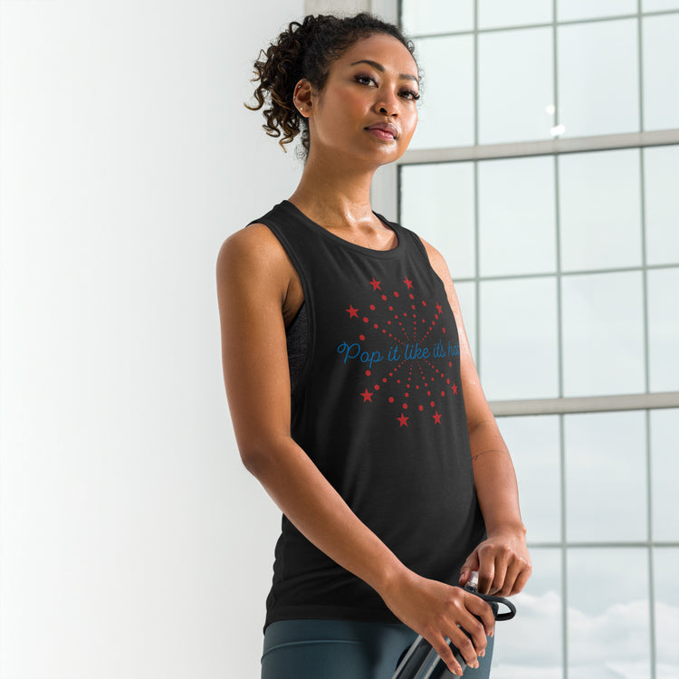 Black Fourth of July tank for women — cheeky “Pop It Like It’s Hot” firework design on relaxed muscle tee