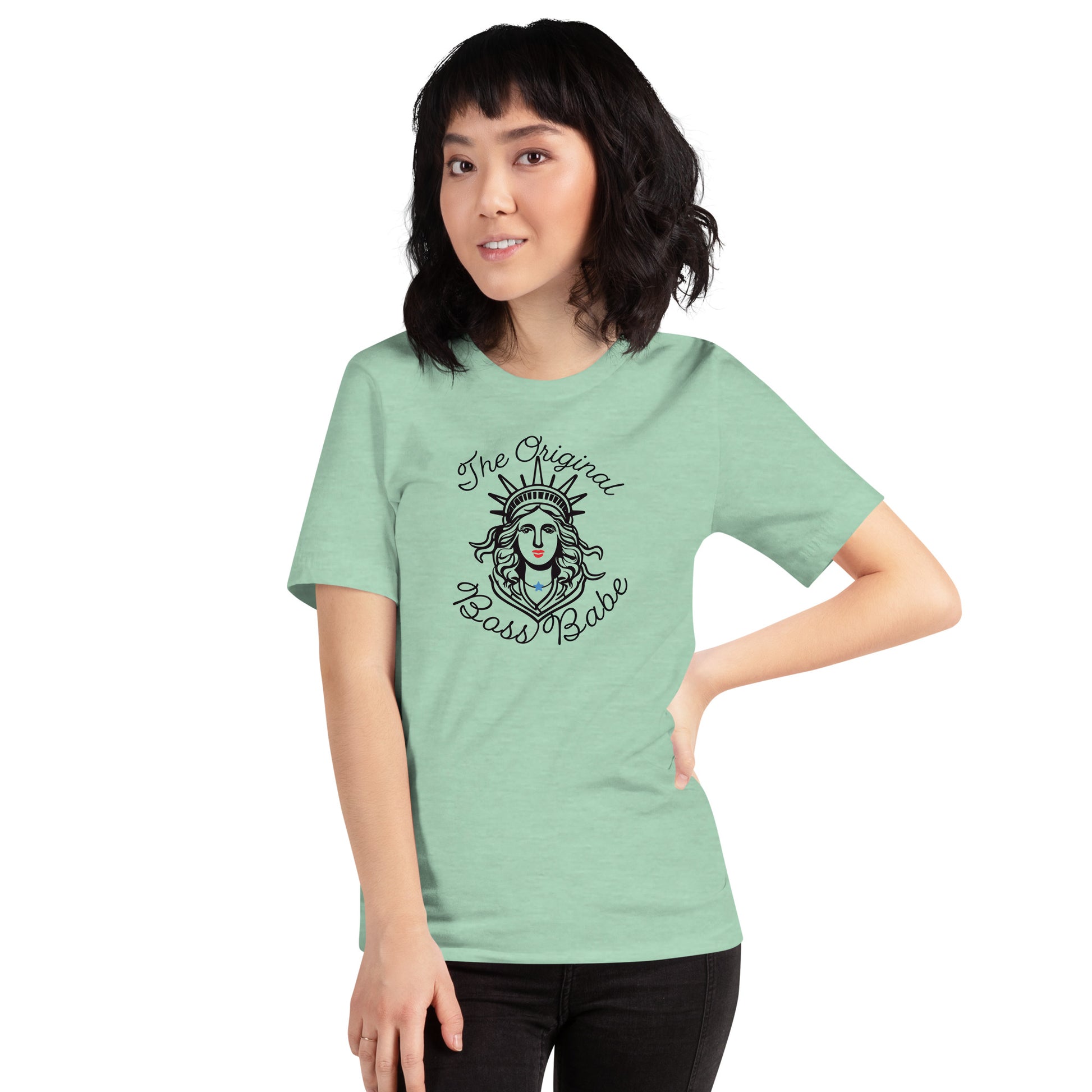 Woman wearing Statue of Liberty Original Boss Babe Tee in Heathered Mint