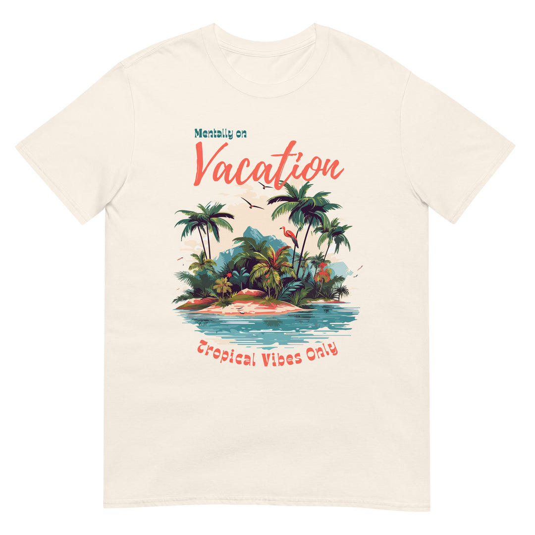 Off-white women’s graphic tee with tropical beach design laid flat