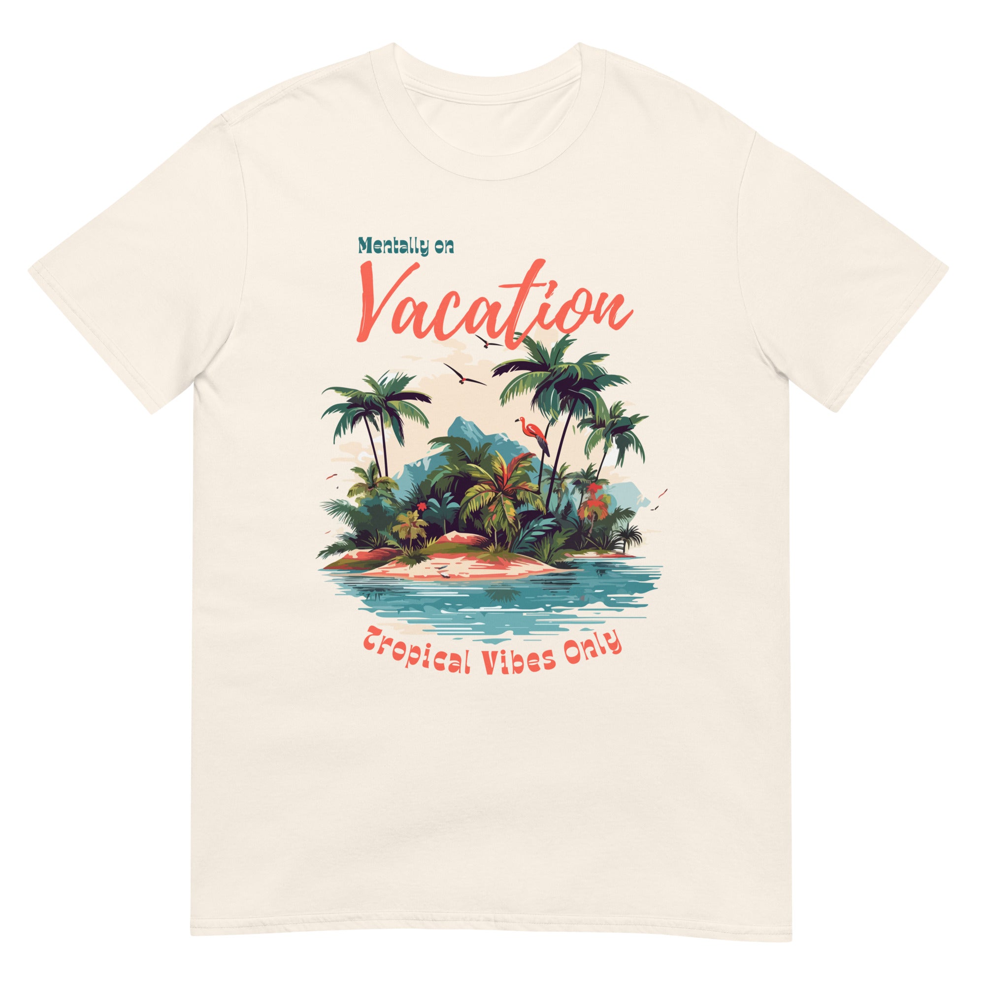 Off-white women’s graphic tee with tropical beach design laid flat