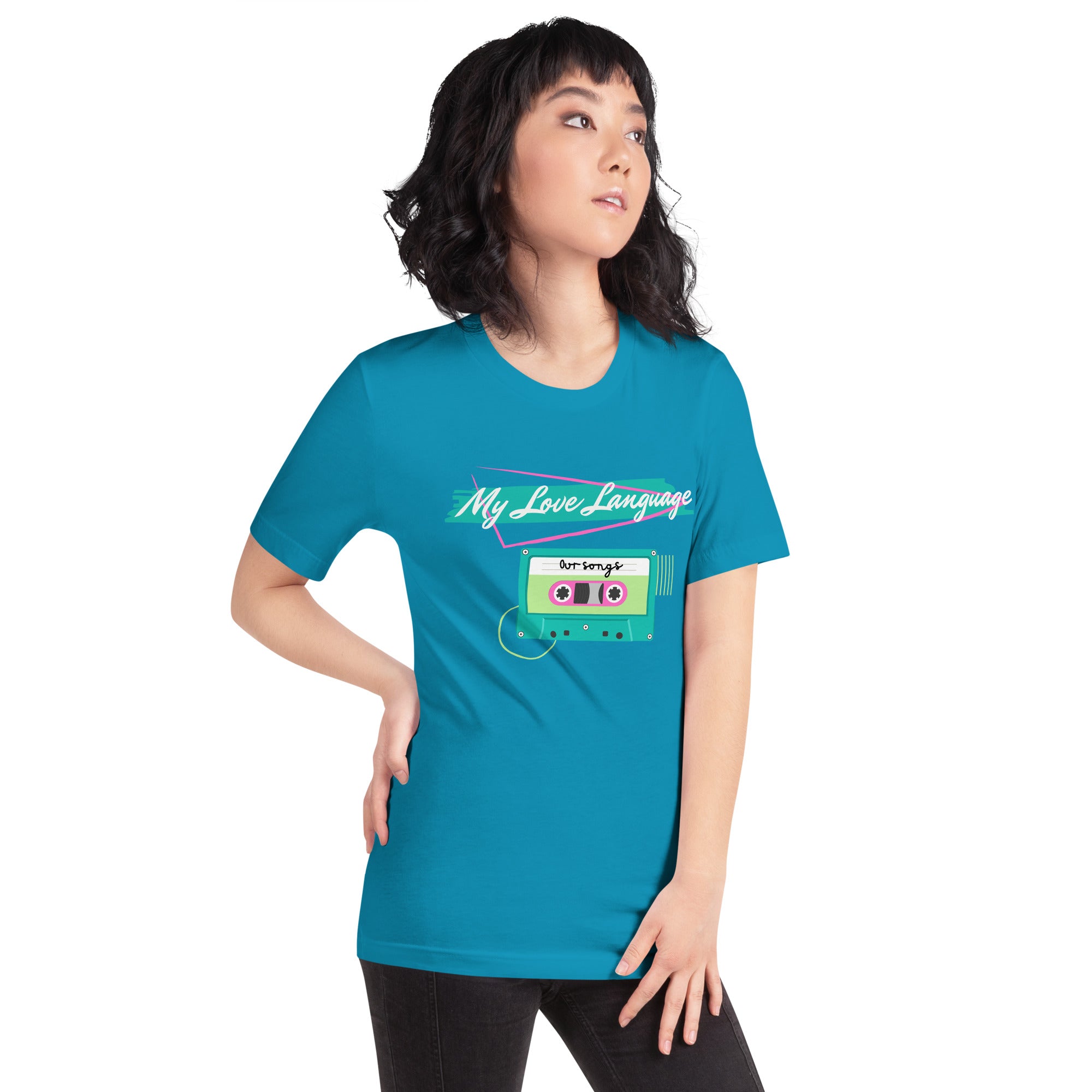 Bright blue 'My Love Language' tee with 80s/90s graphics and mixtape design — part of the Nostalgic Nook collection.