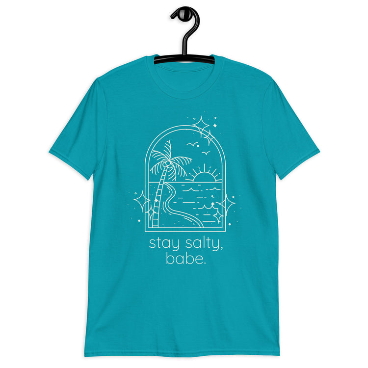 Hanging tropical blue graphic tee that reads "stay salty babe" from Jade Street Market